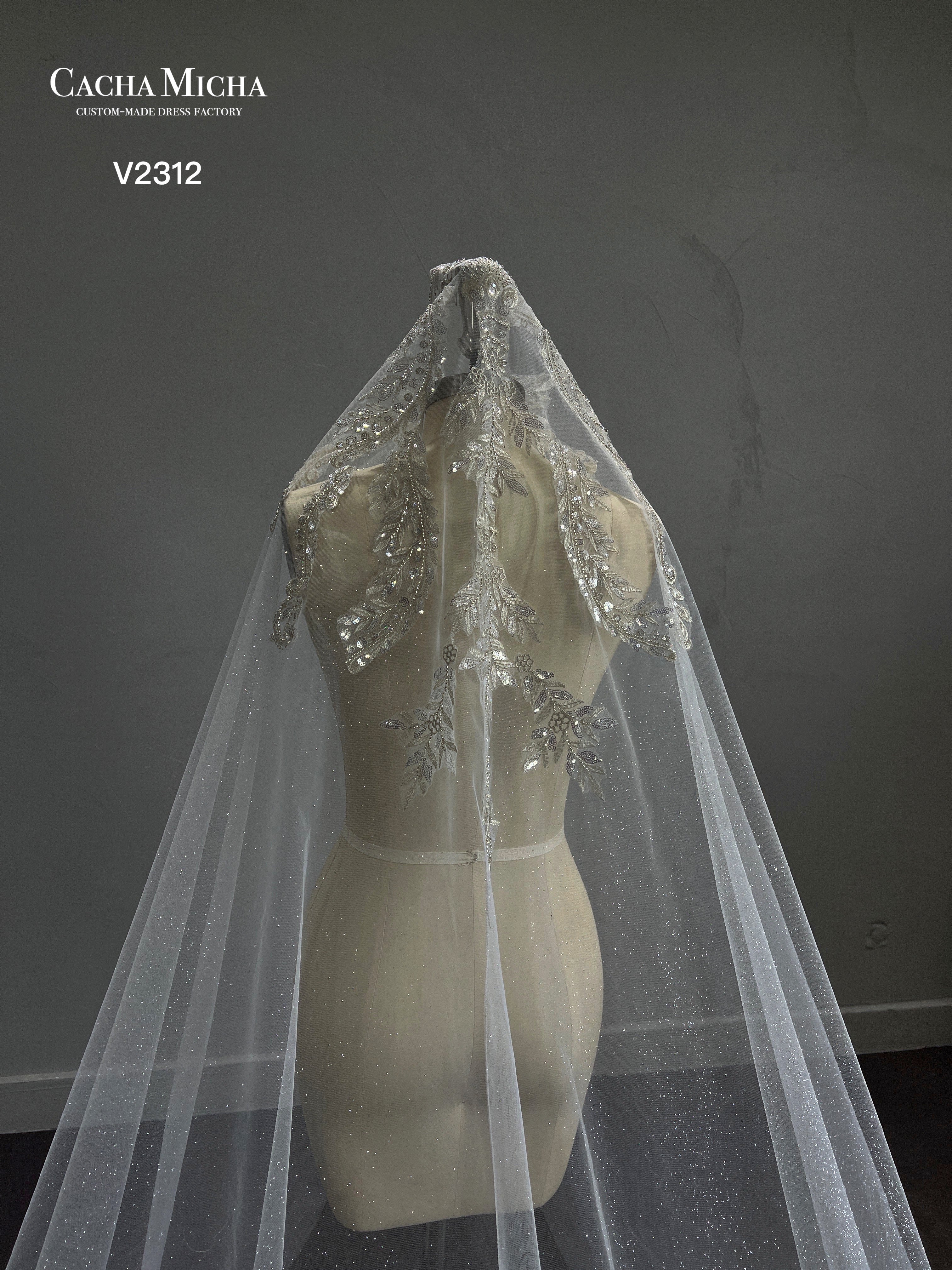 Silver Lace Cathedral Length Bridal Veil V2312
