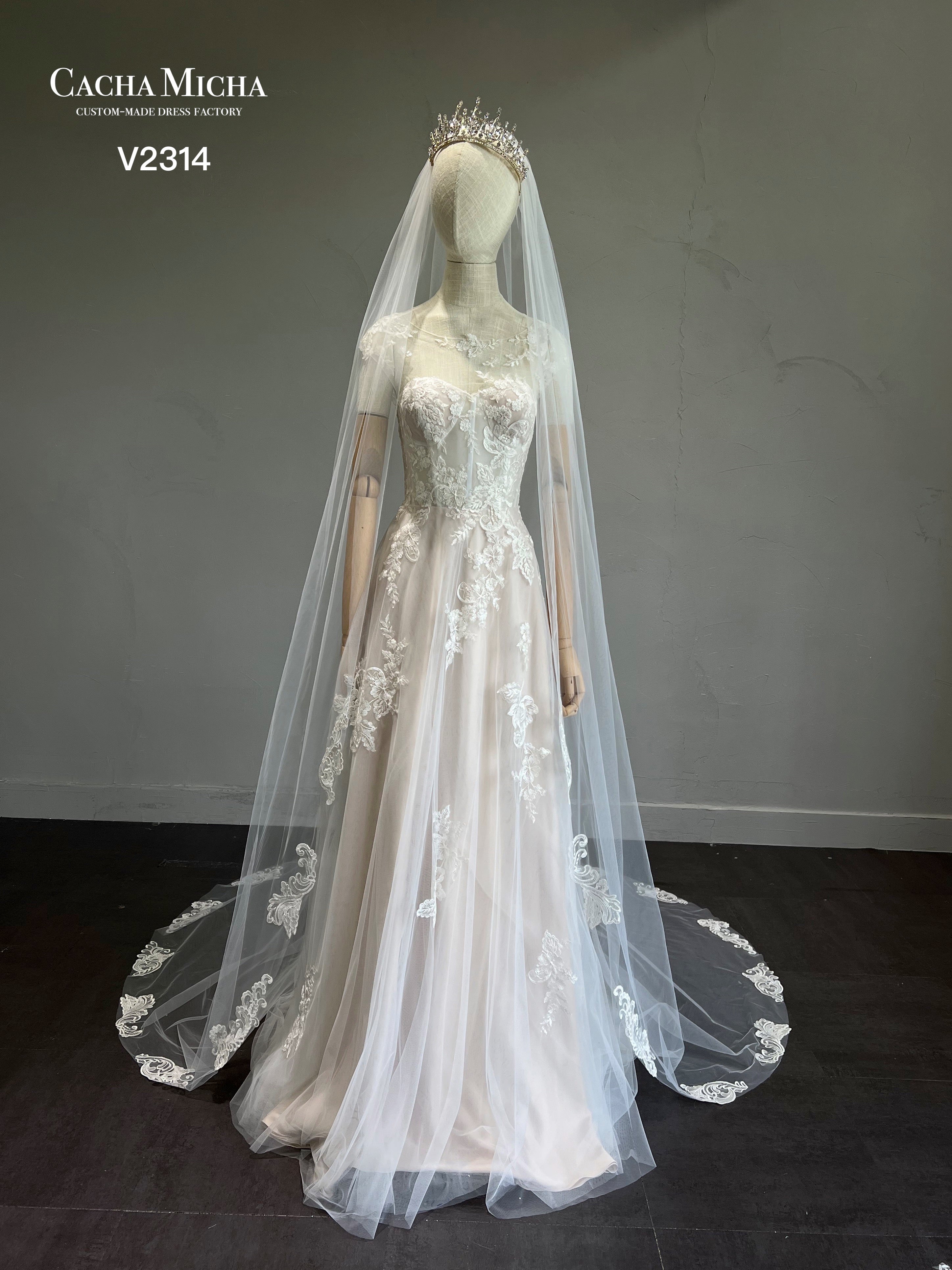 Scattered Lace Applique Chapel Train Bridal Veil V2314