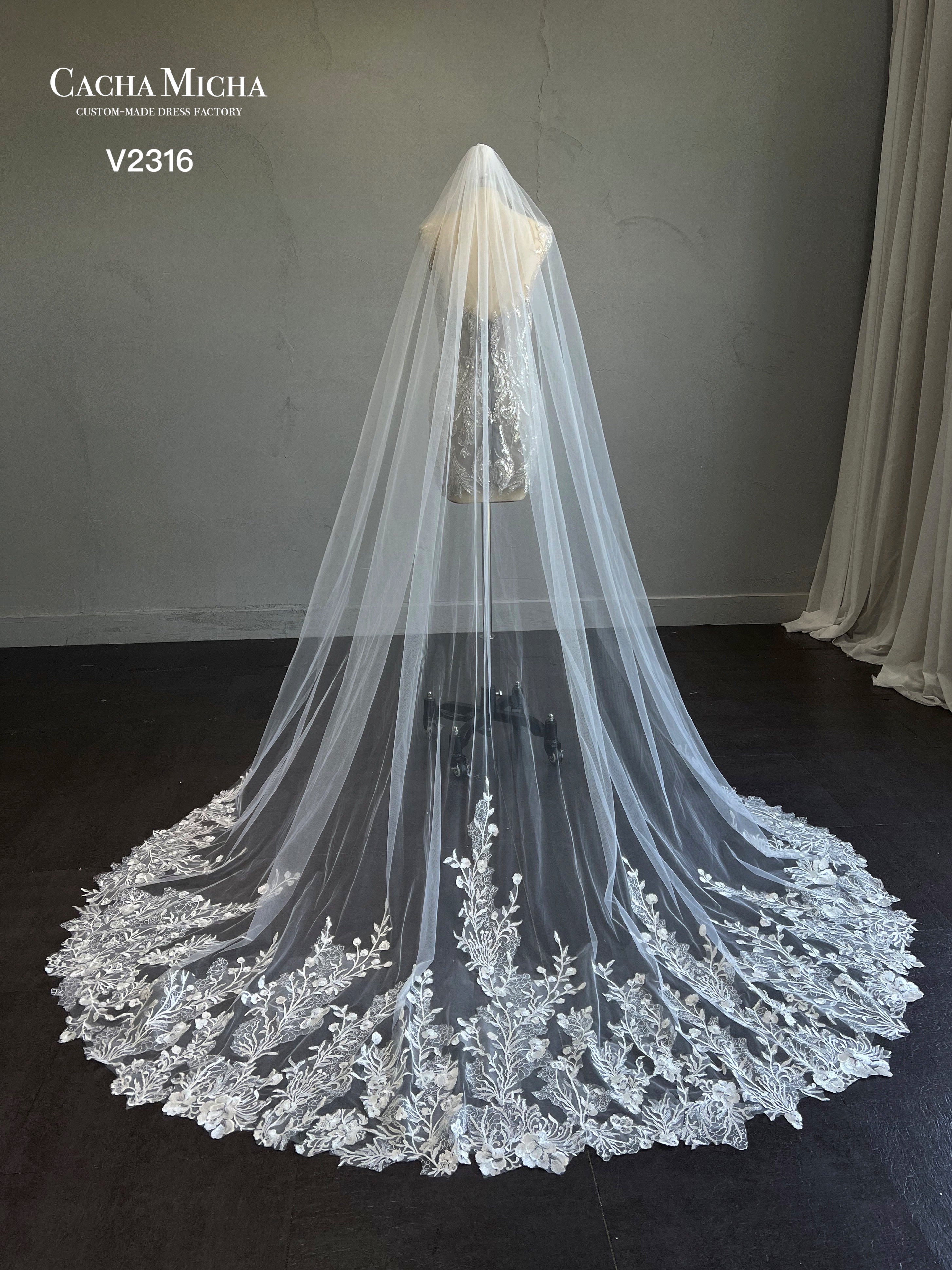 Beautiful Lace Applique Chapel Train Bridal Veil V2316