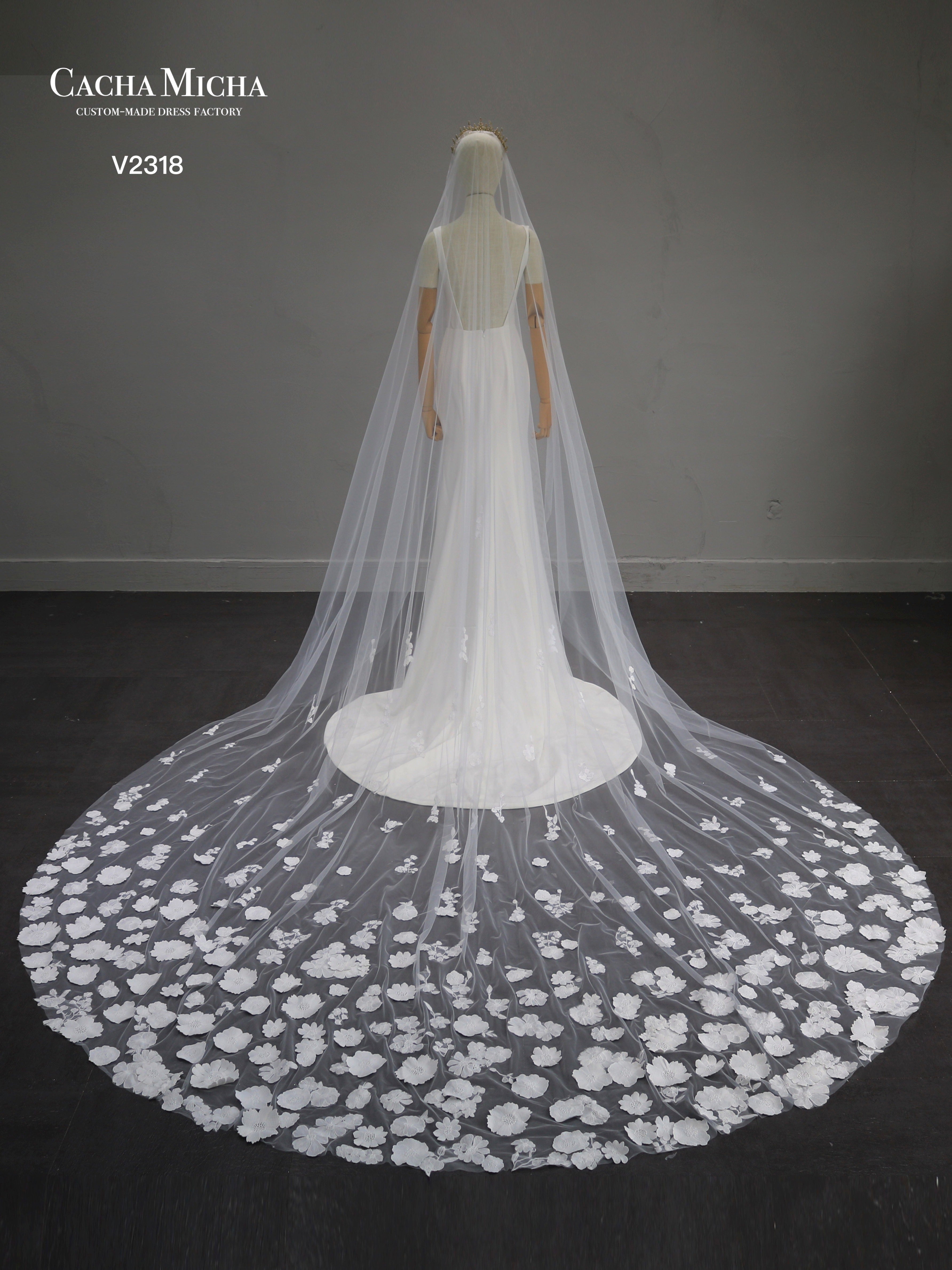 3D Flower Lace Cathedral Length Bridal Veil V2318