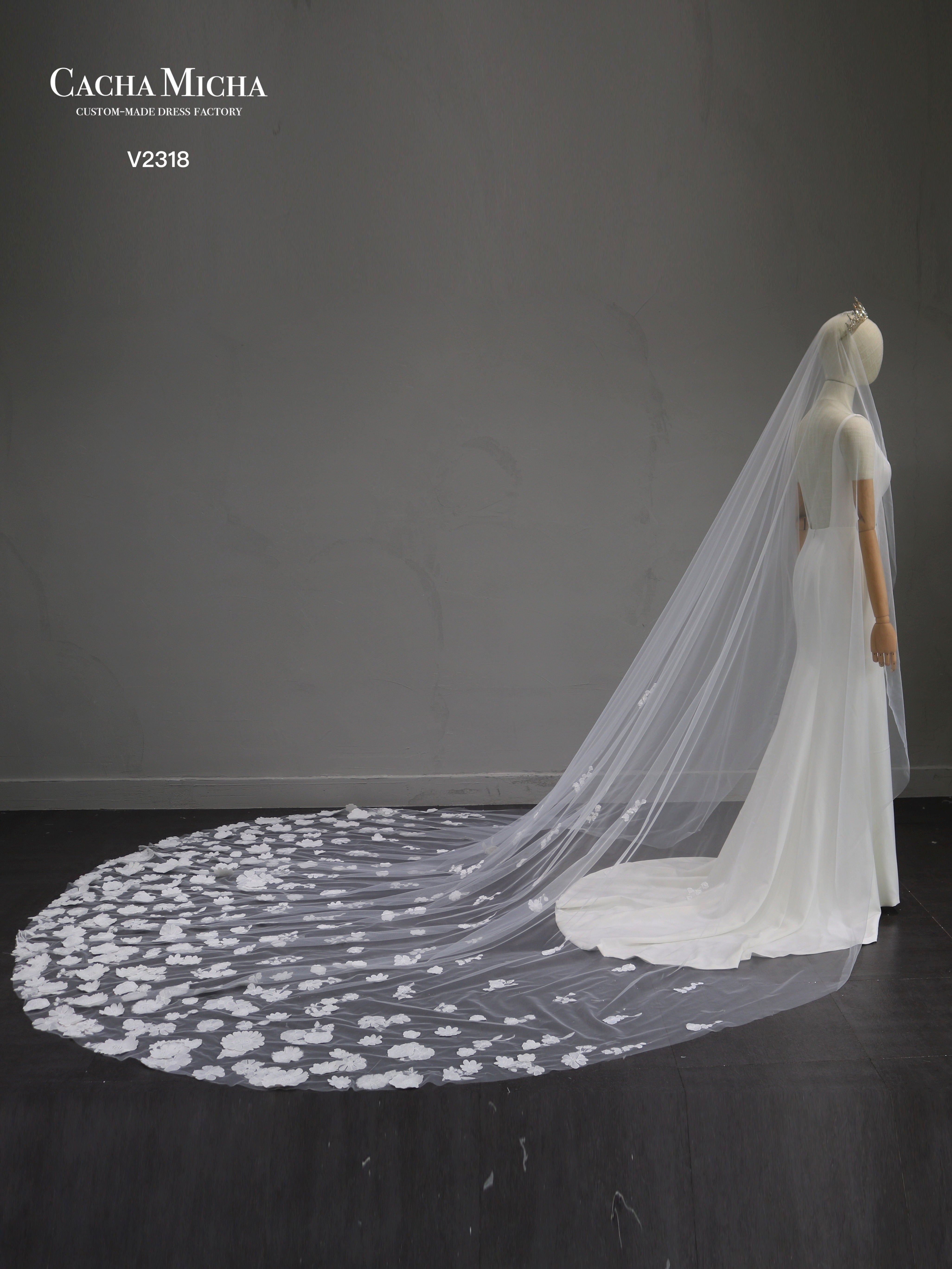 3D Flower Lace Cathedral Length Bridal Veil V2318