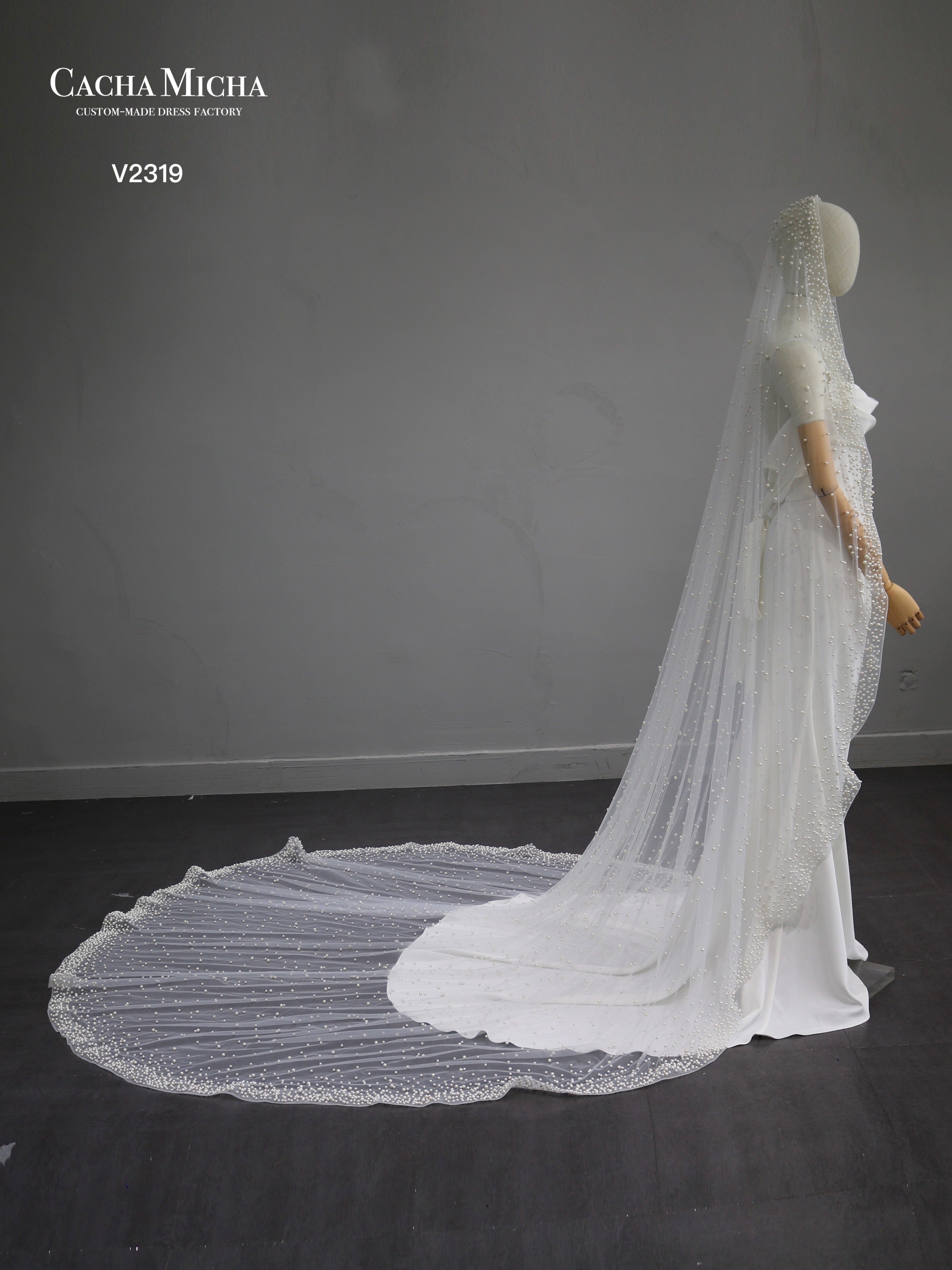 Stunning Pearl Beaded  Chapel Train Bridal Veil V2319