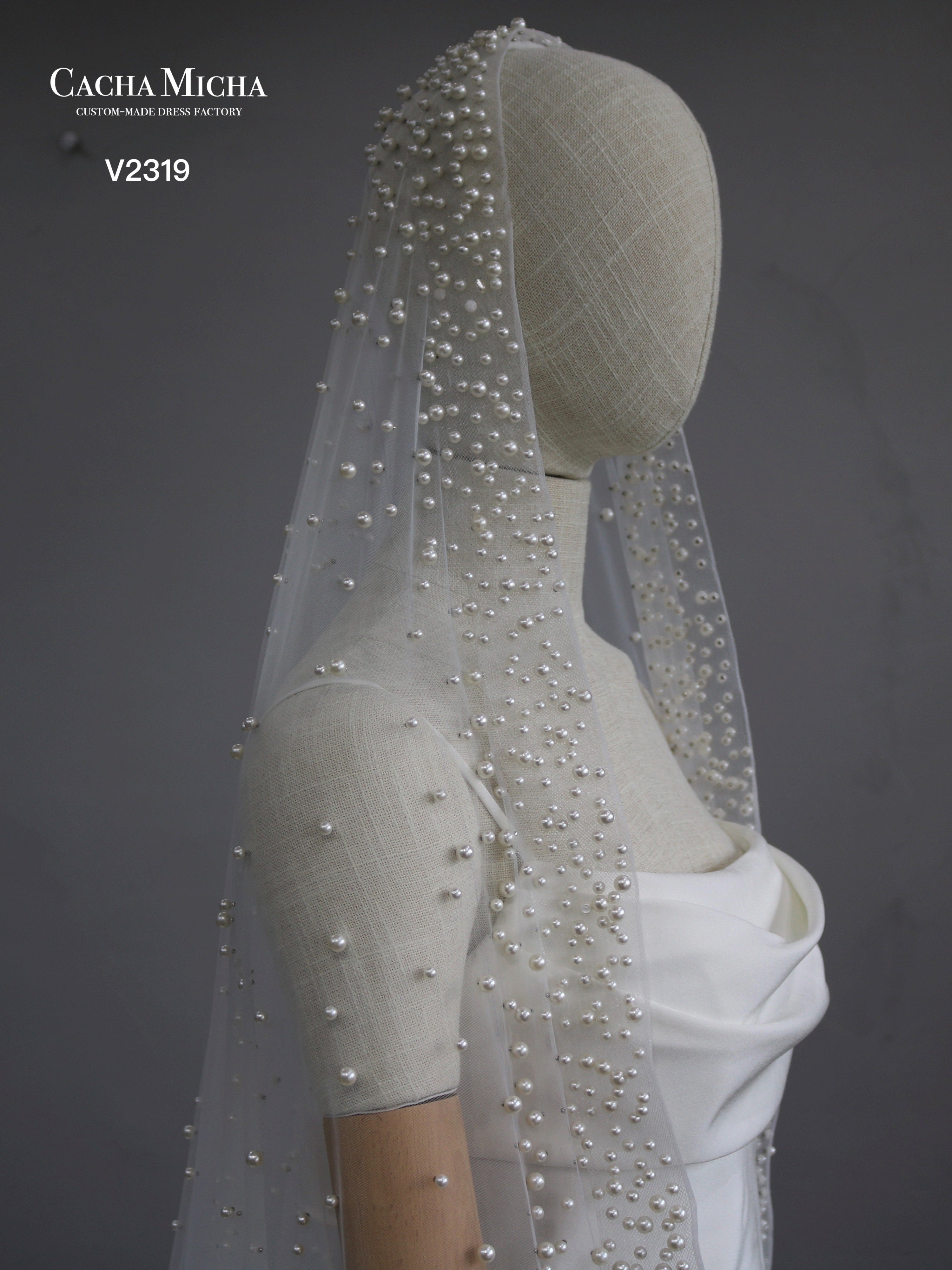 Stunning Pearl Beaded  Chapel Train Bridal Veil V2319