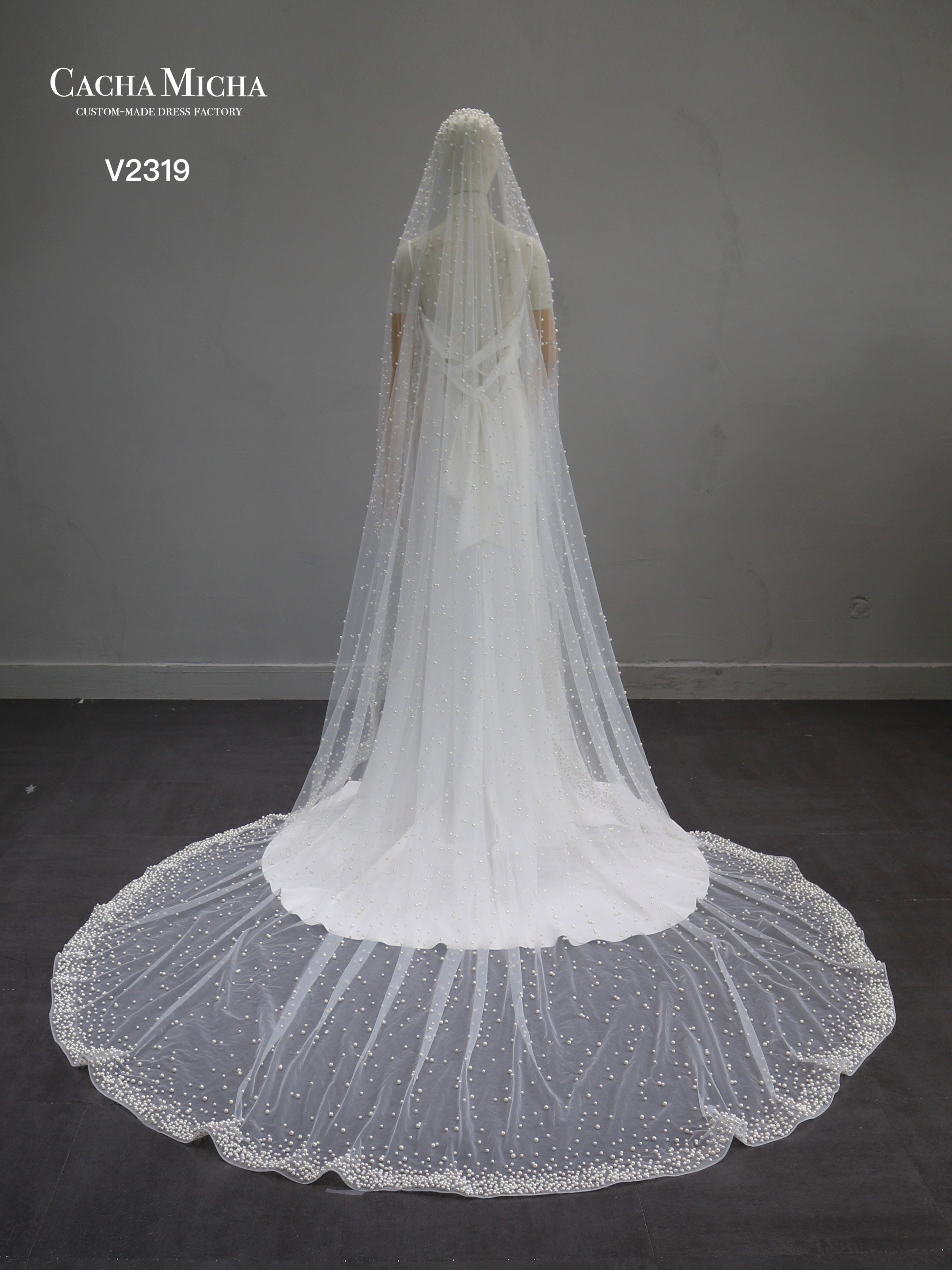 Stunning Pearl Beaded  Chapel Train Bridal Veil V2319