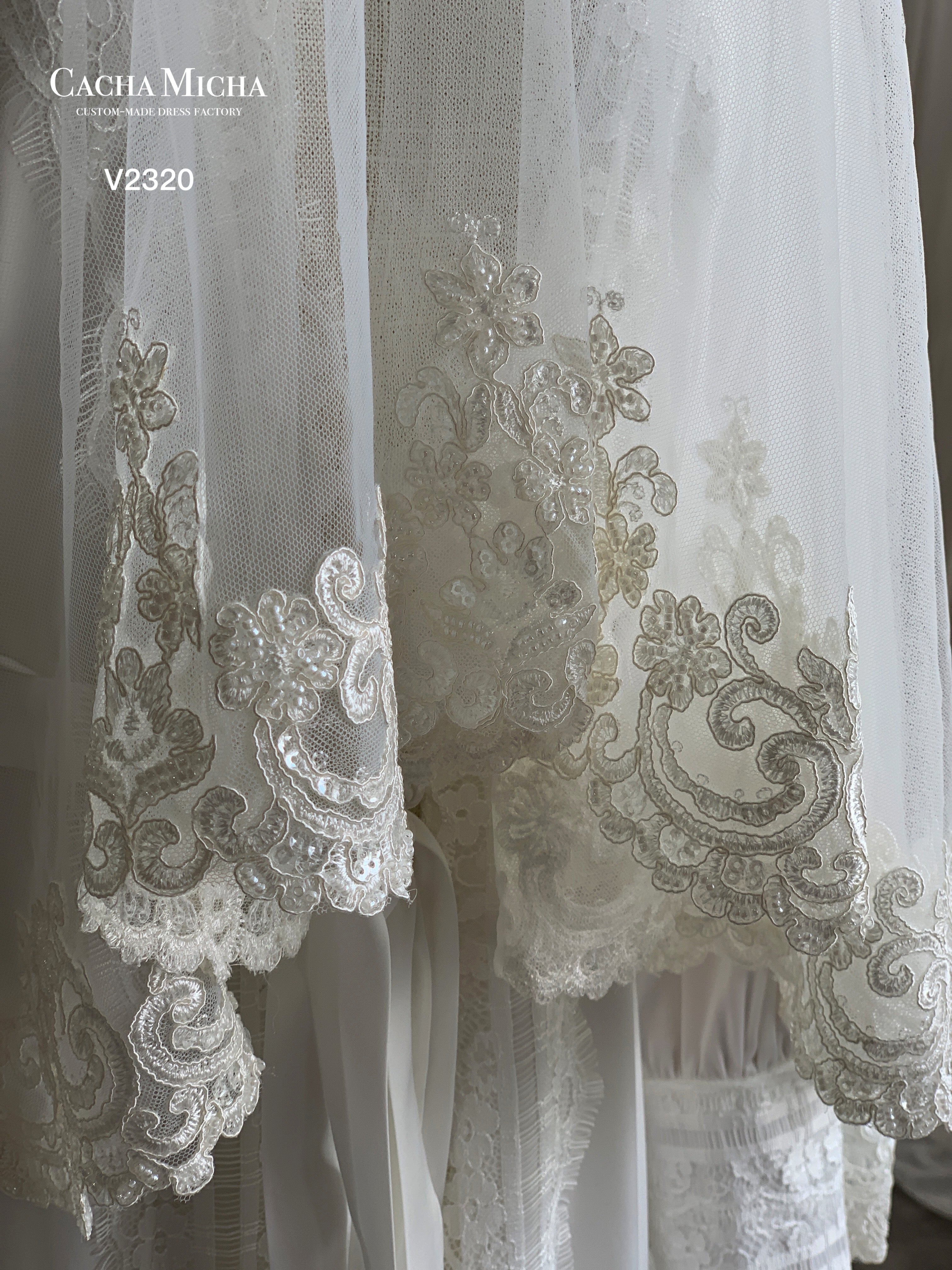 French Lace Trimming Waltz Length Bridal Veil V2320