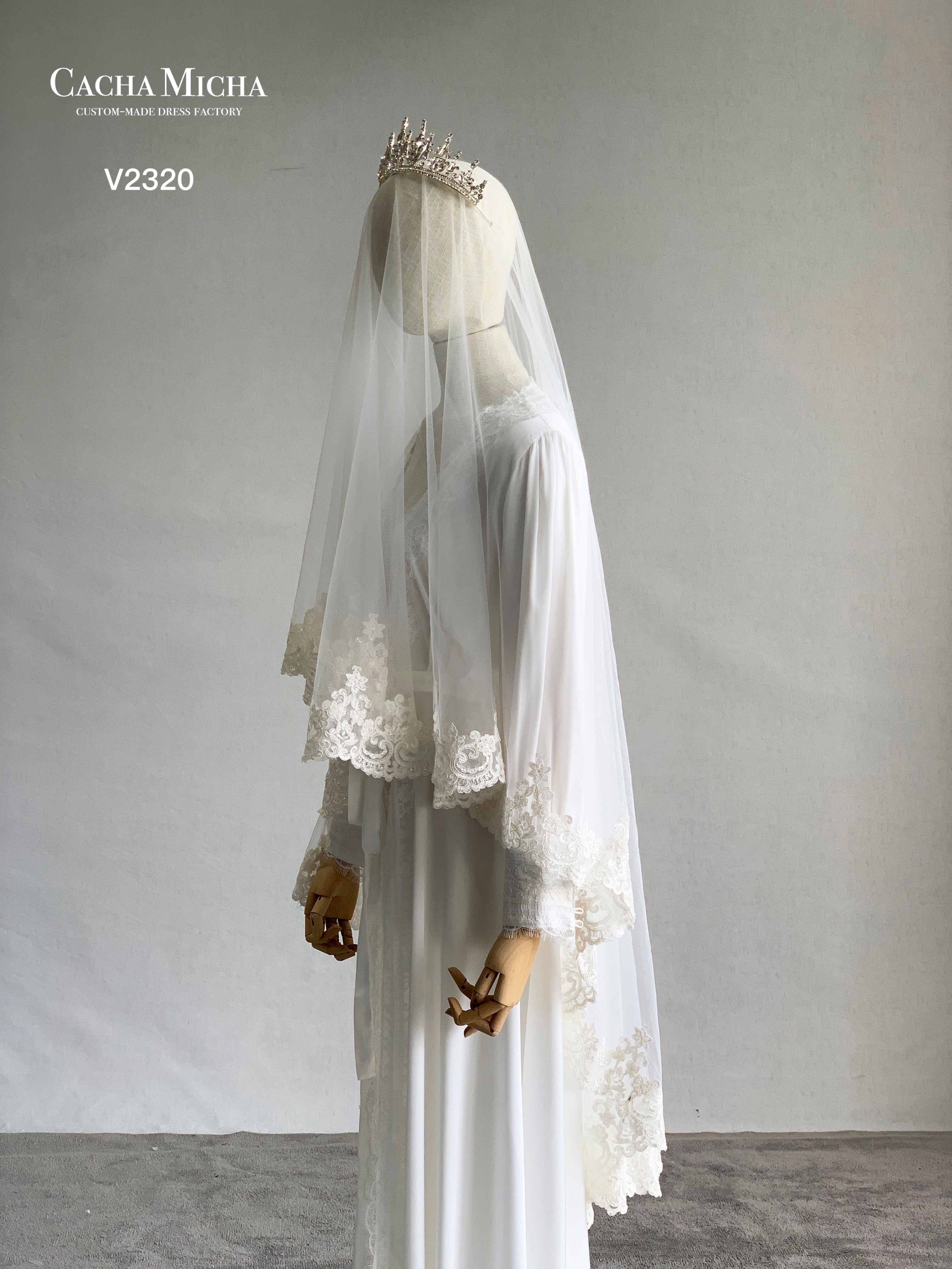 French Lace Trimming Waltz Length Bridal Veil V2320