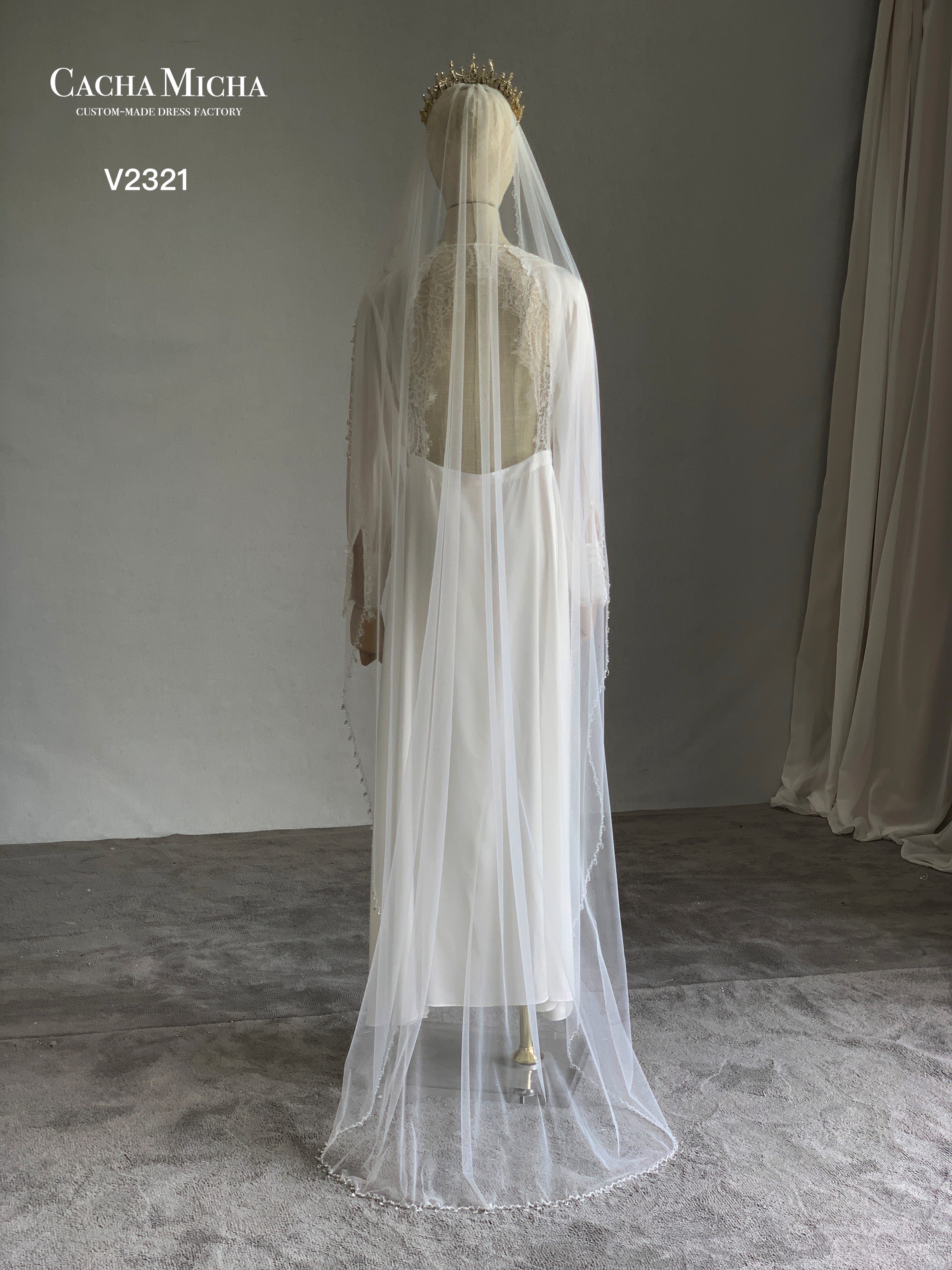 Tear Drop Beaded Edge Floor Length Bridal Veil V2321
