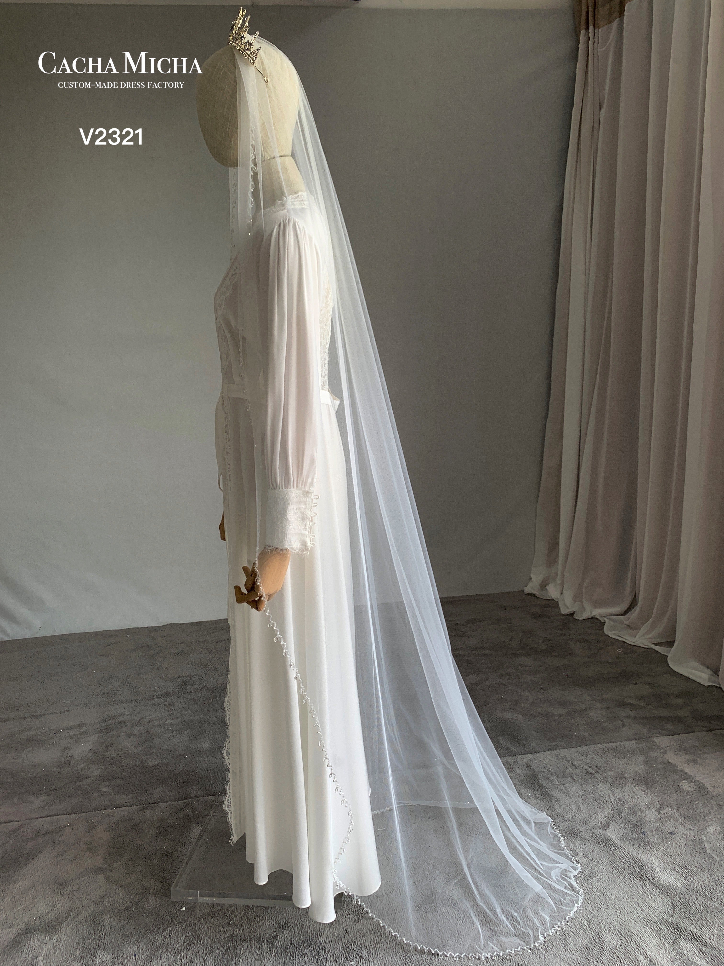 Tear Drop Beaded Edge Floor Length Bridal Veil V2321
