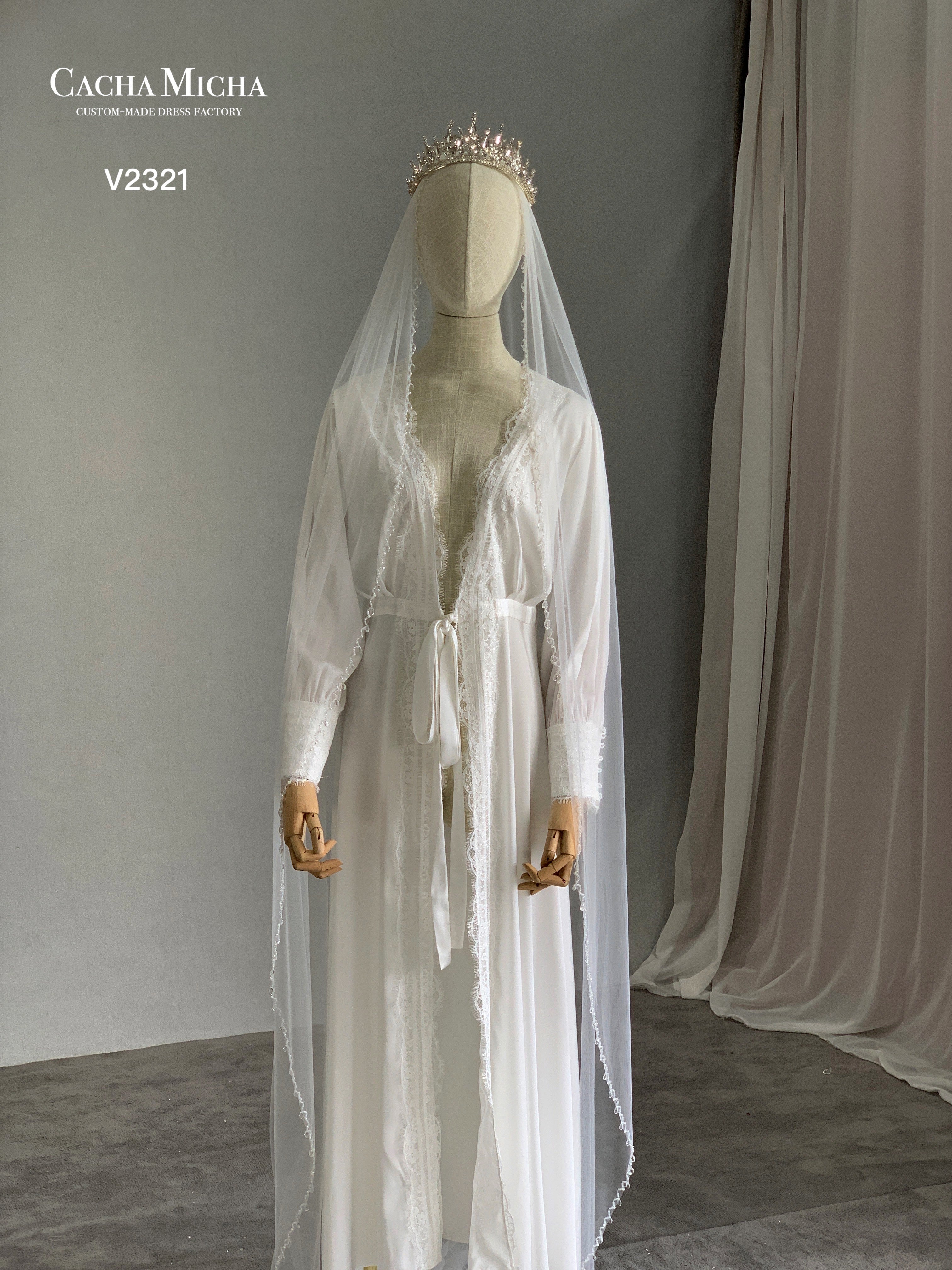 Tear Drop Beaded Edge Floor Length Bridal Veil V2321