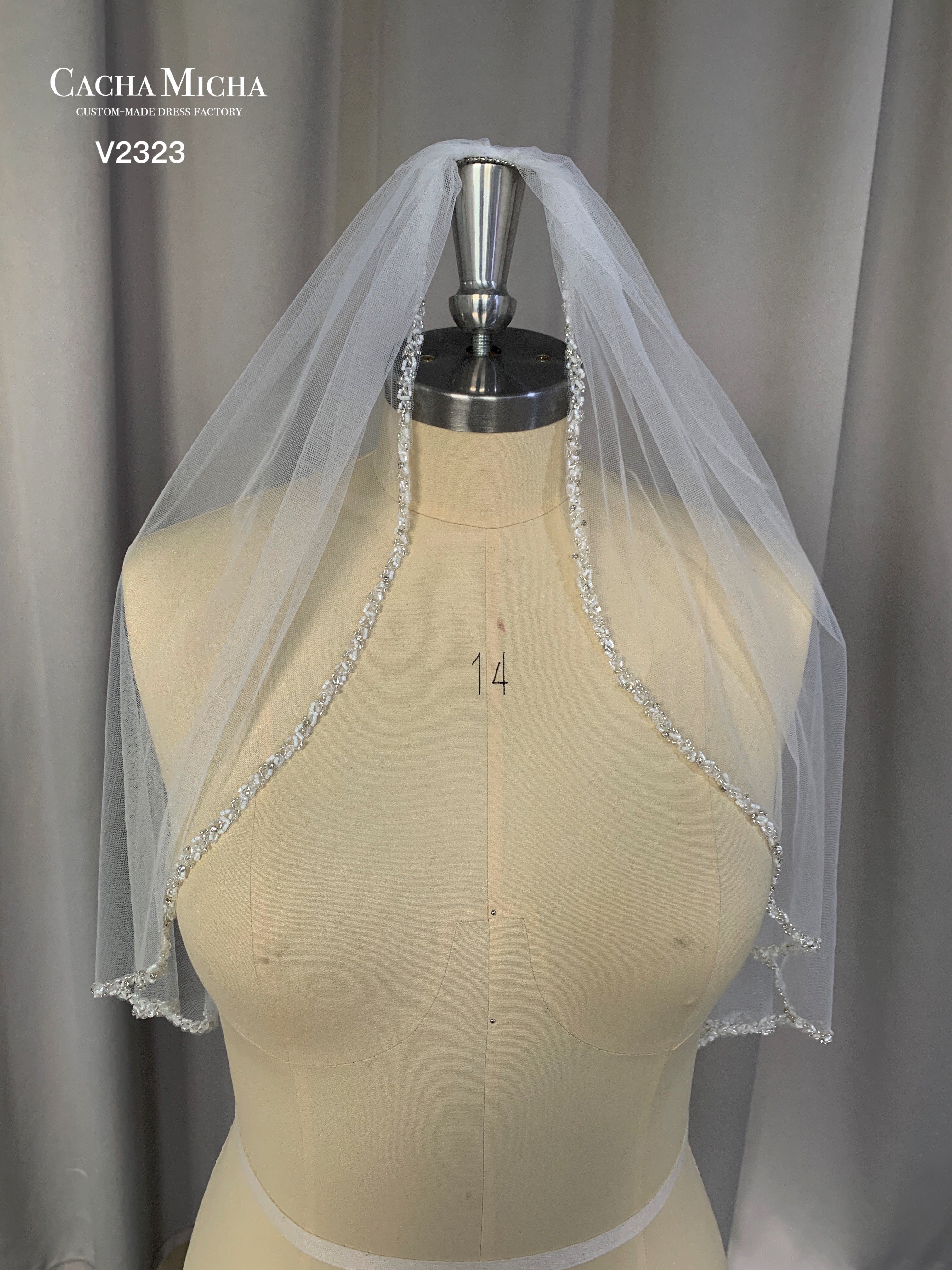 Beaded Edge Waist Length Bridal Veil V2323