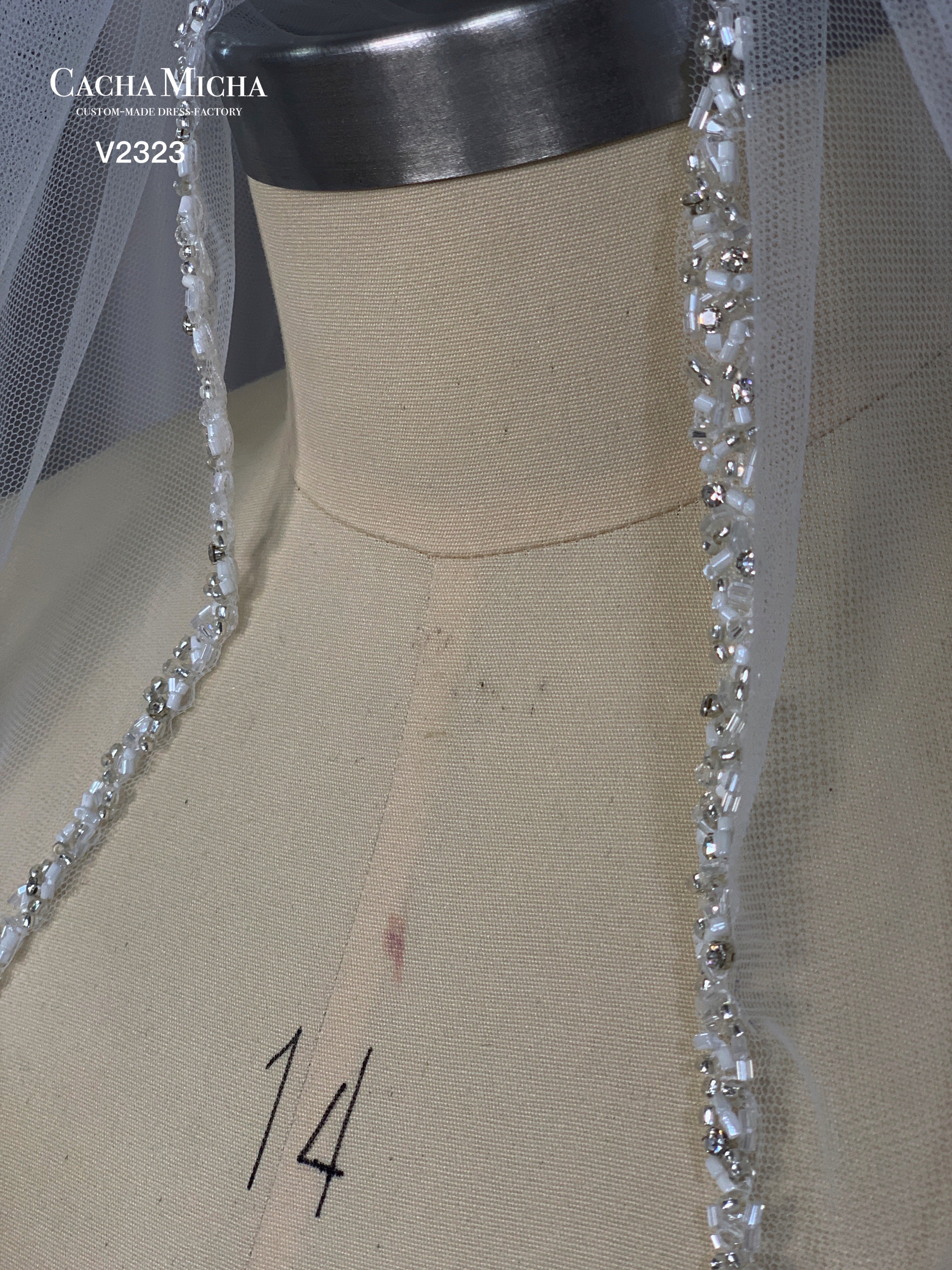 Beaded Edge Waist Length Bridal Veil V2323