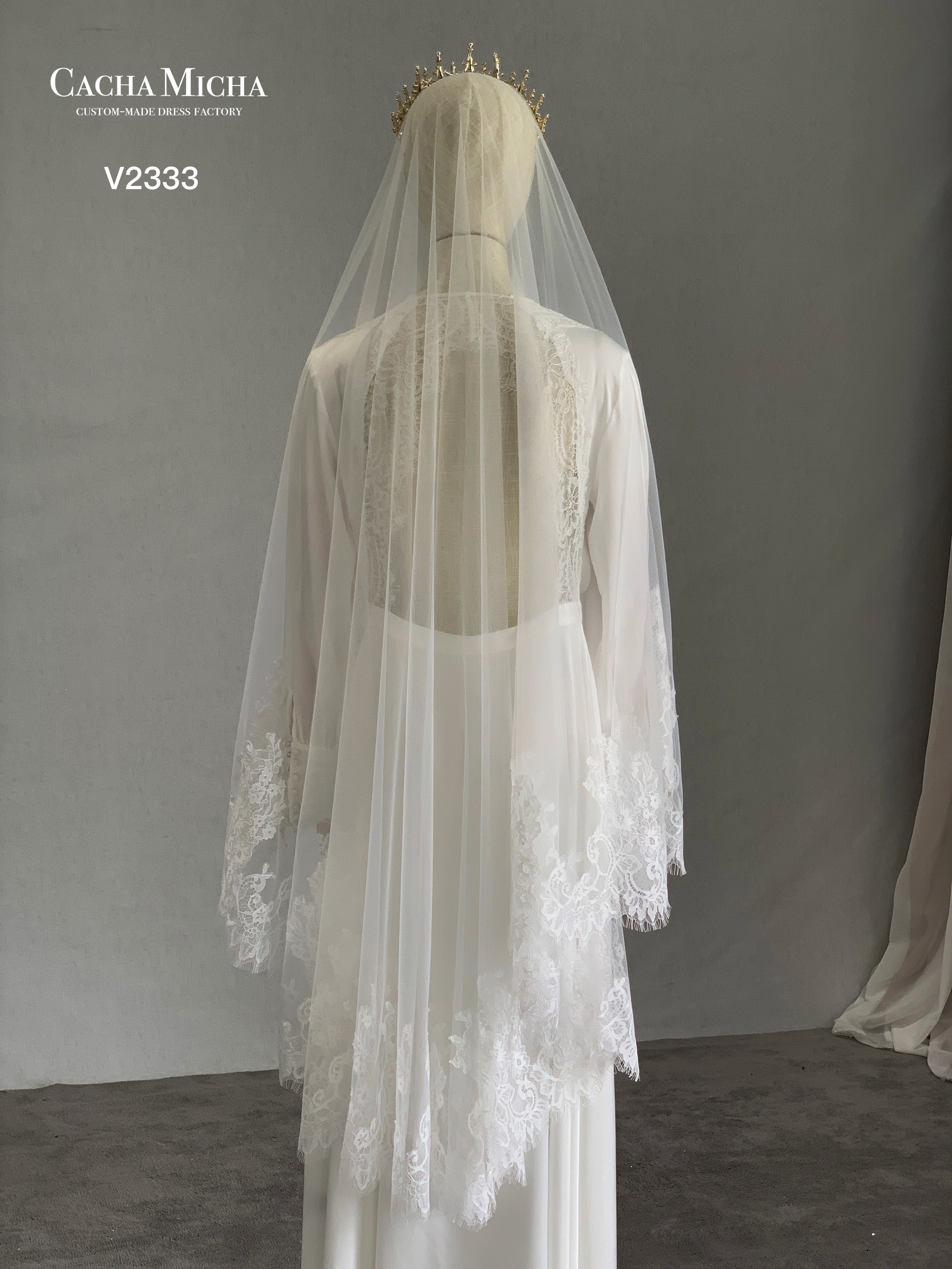 Finger Tip Length Lace Trimming Bridal Veil V2333
