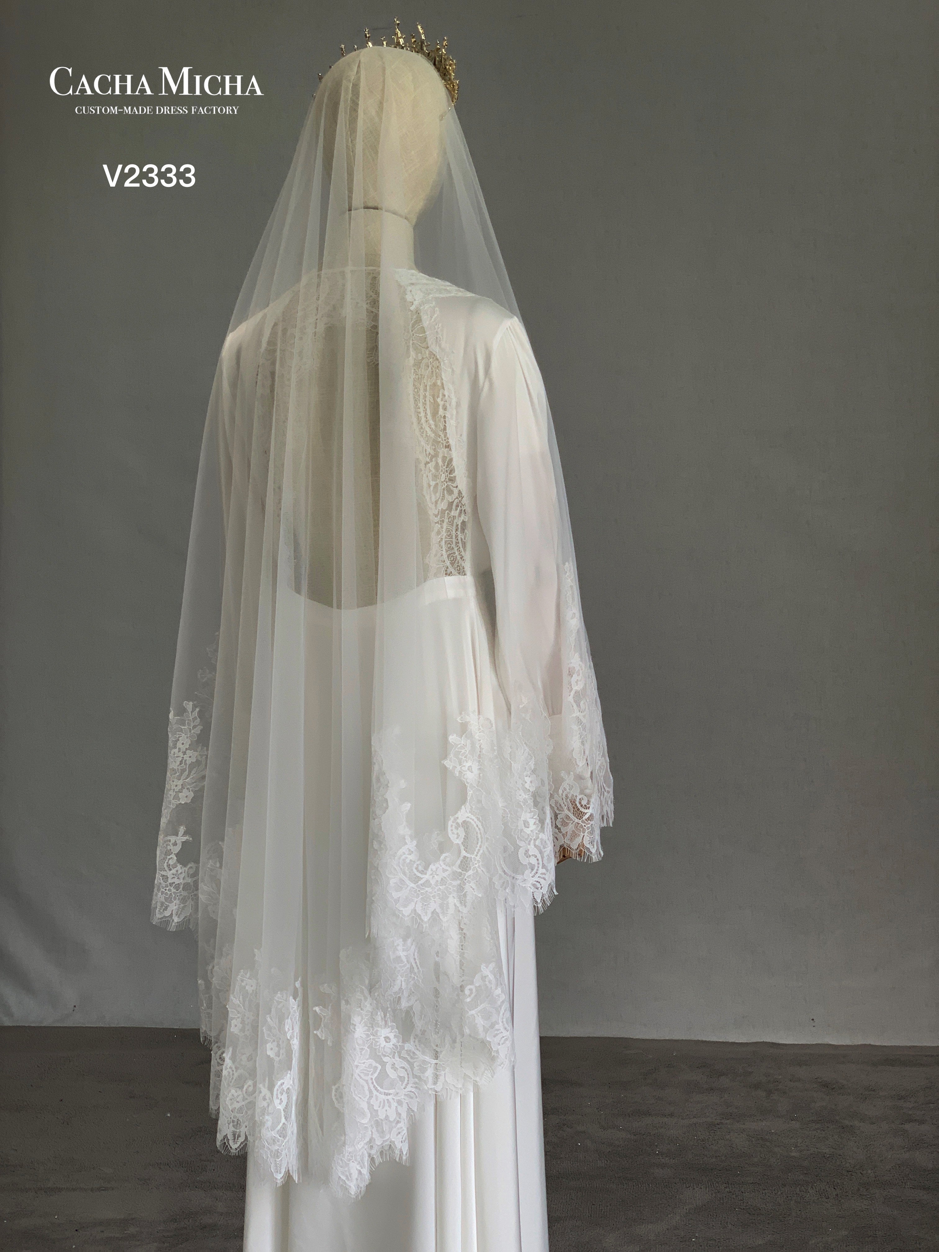 Finger Tip Length Lace Trimming Bridal Veil V2333