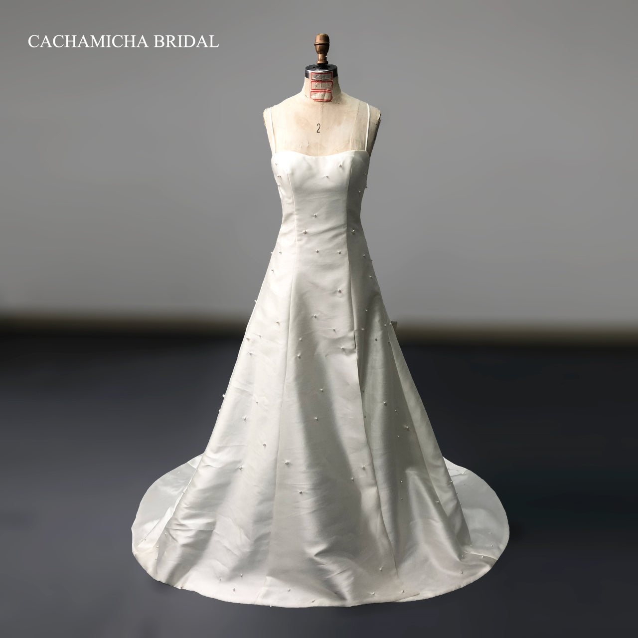 pearl beaded spaghetti straps satin wedding dress 1035