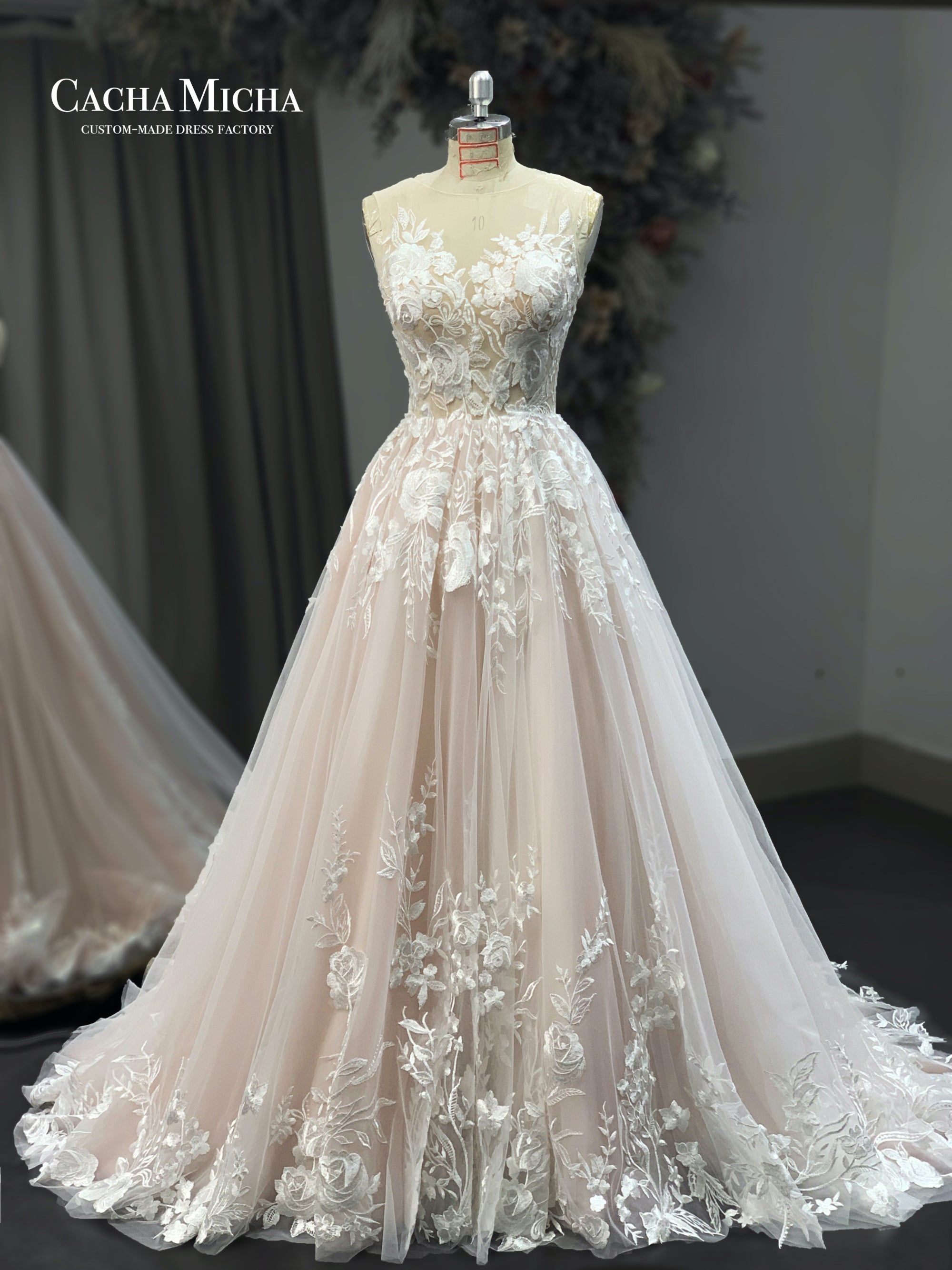 beautiful lace appliqued blush ball gown wedding dress 21121