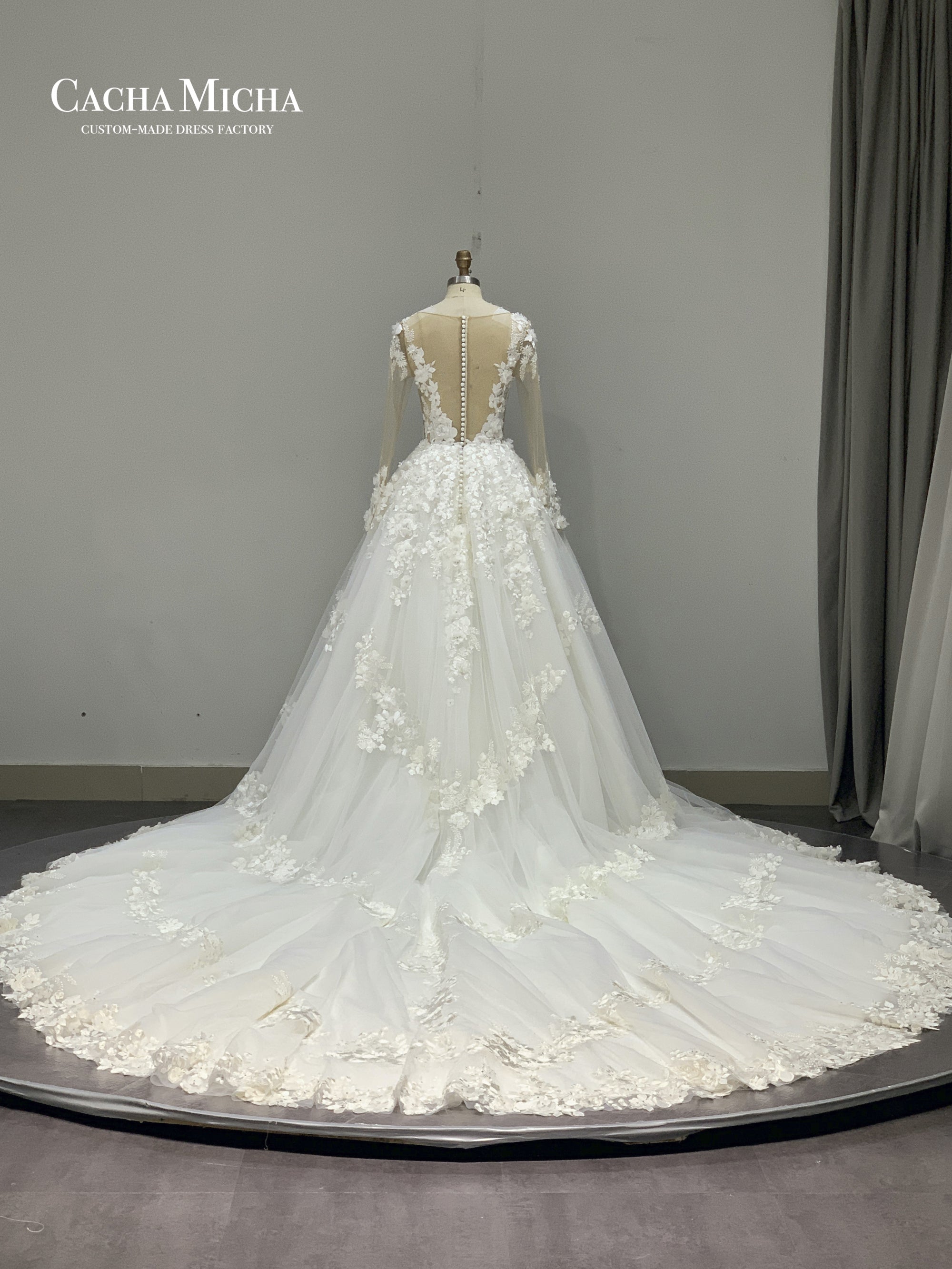 3D flowers lace long sleeves ball gown wedding dress 211215
