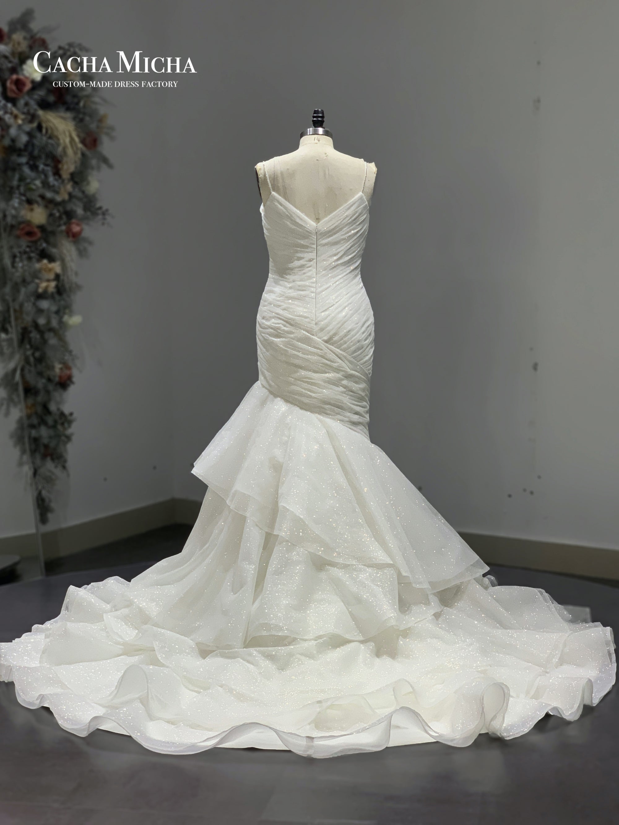 gorgeous pleated wedding dress with ruffles skirt