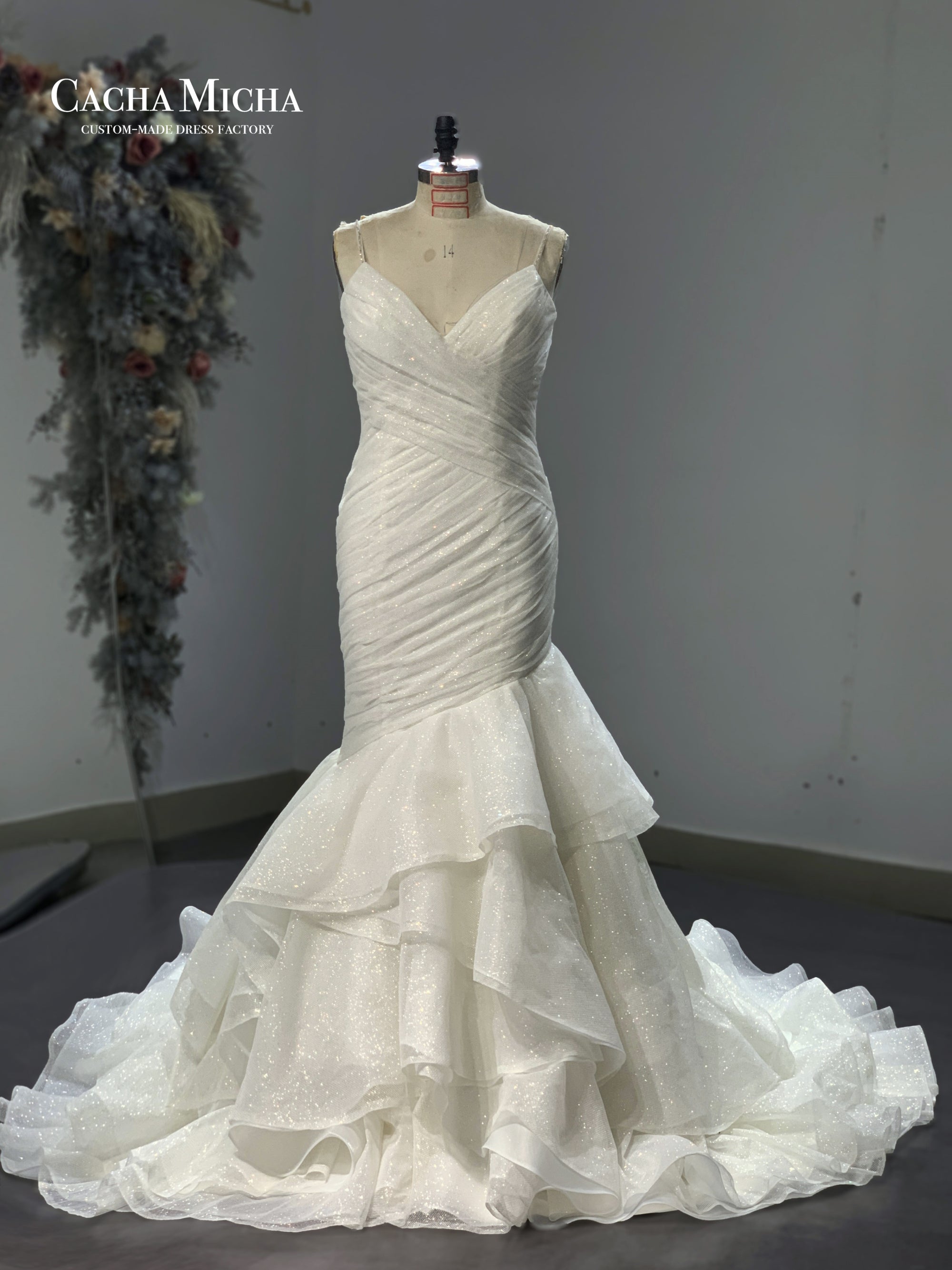 gorgeous pleated wedding dress with ruffles skirt