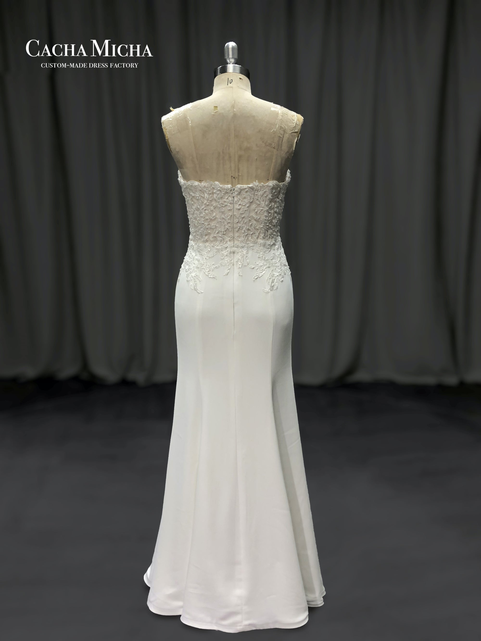 Side slit beaded lace top crepe wedding dress 211224