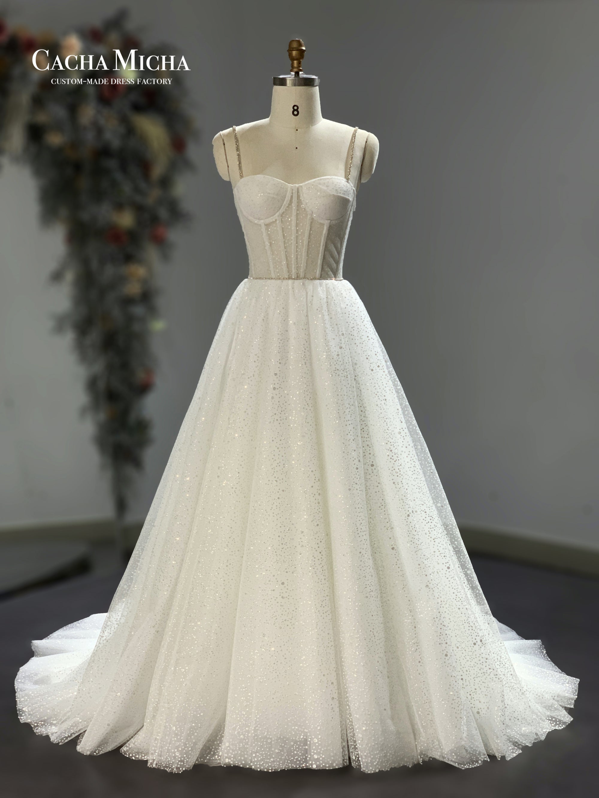 Illusion Top Crystal Spaghetti Straps Shinny Glitter Bridal Dress R2883