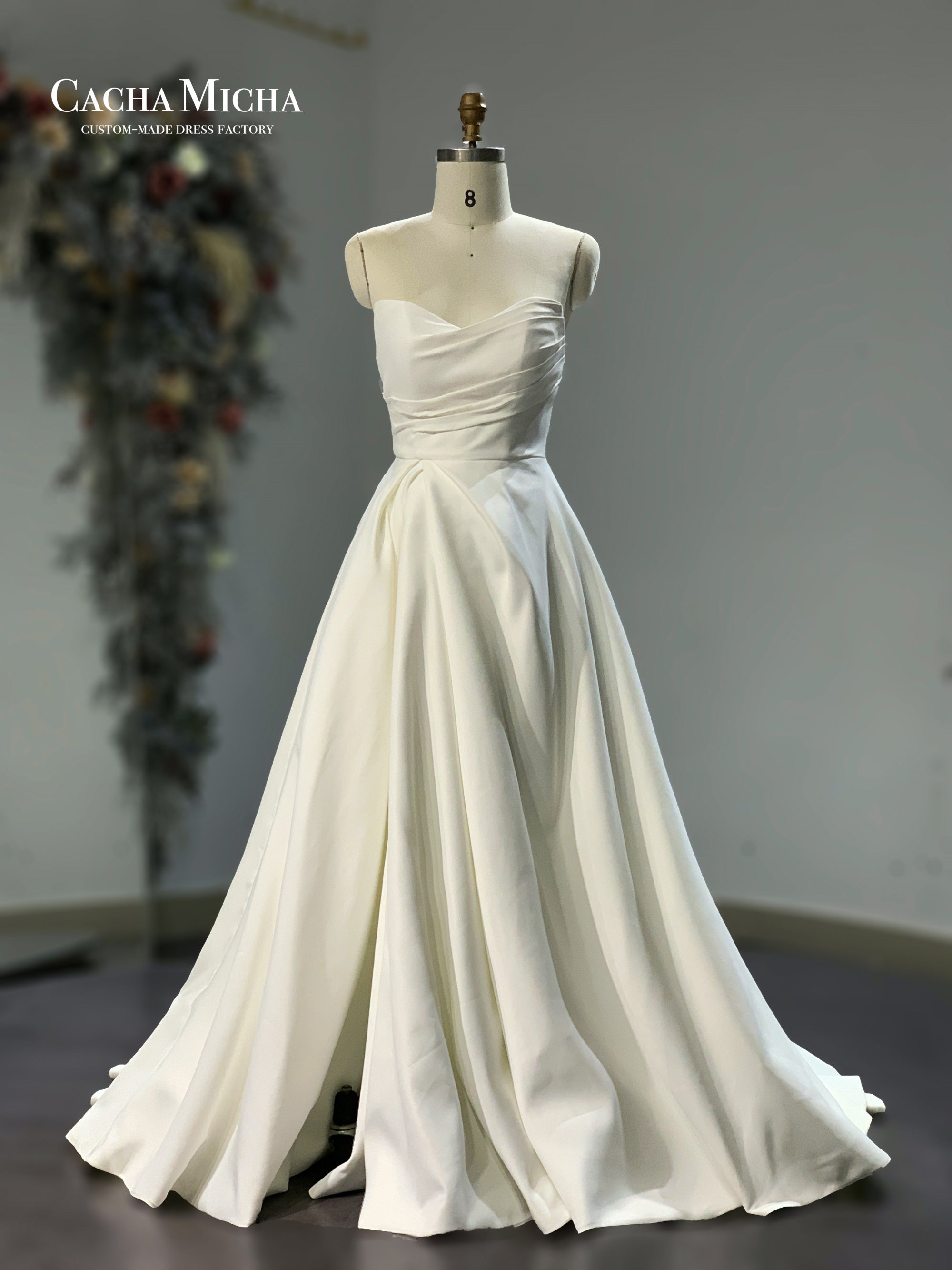 Elegant Pleated Bodice Side Slit Satin Wedding Dress R3016