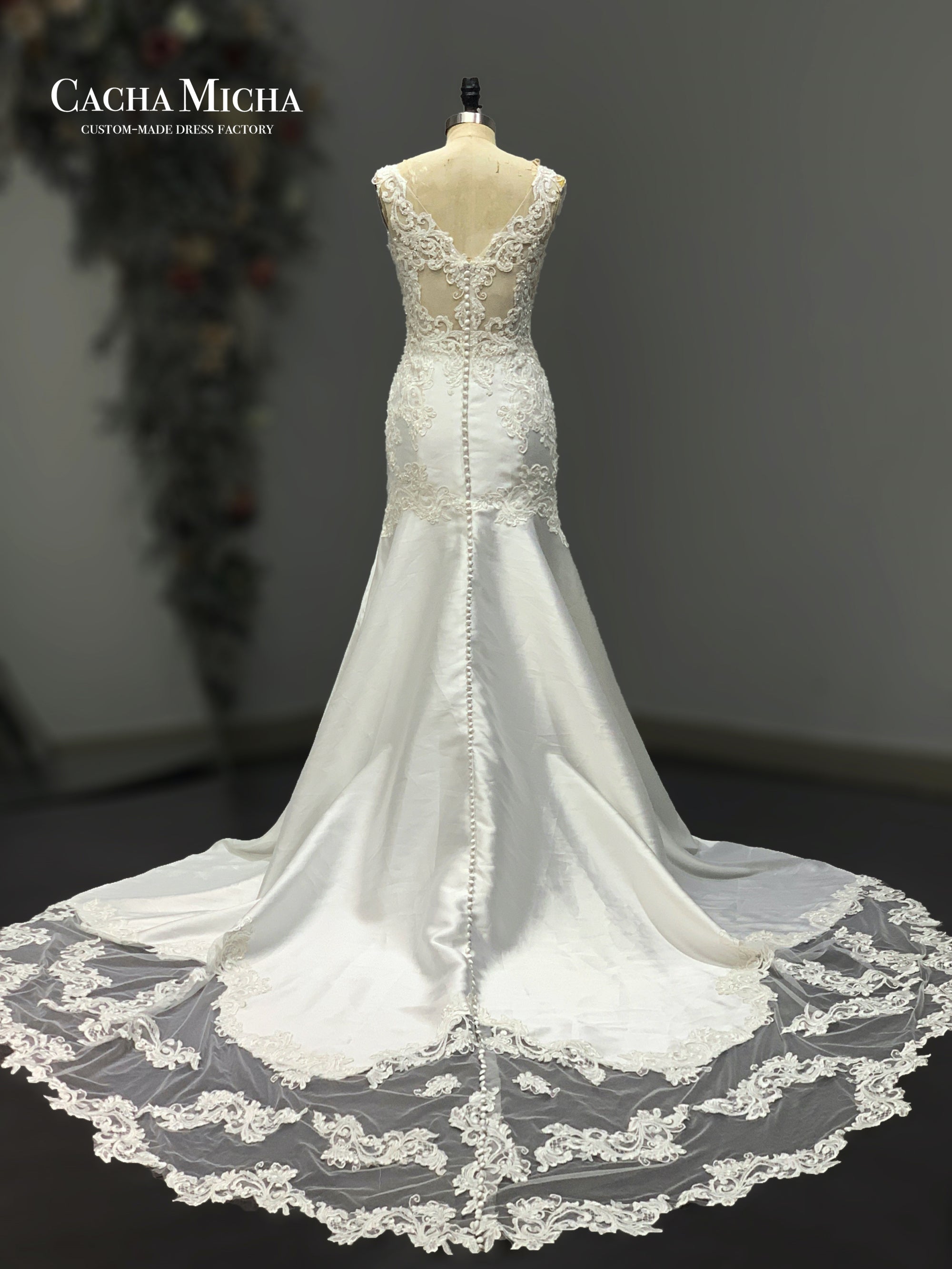 floral train lace mikado mermaid wedding dress 211237