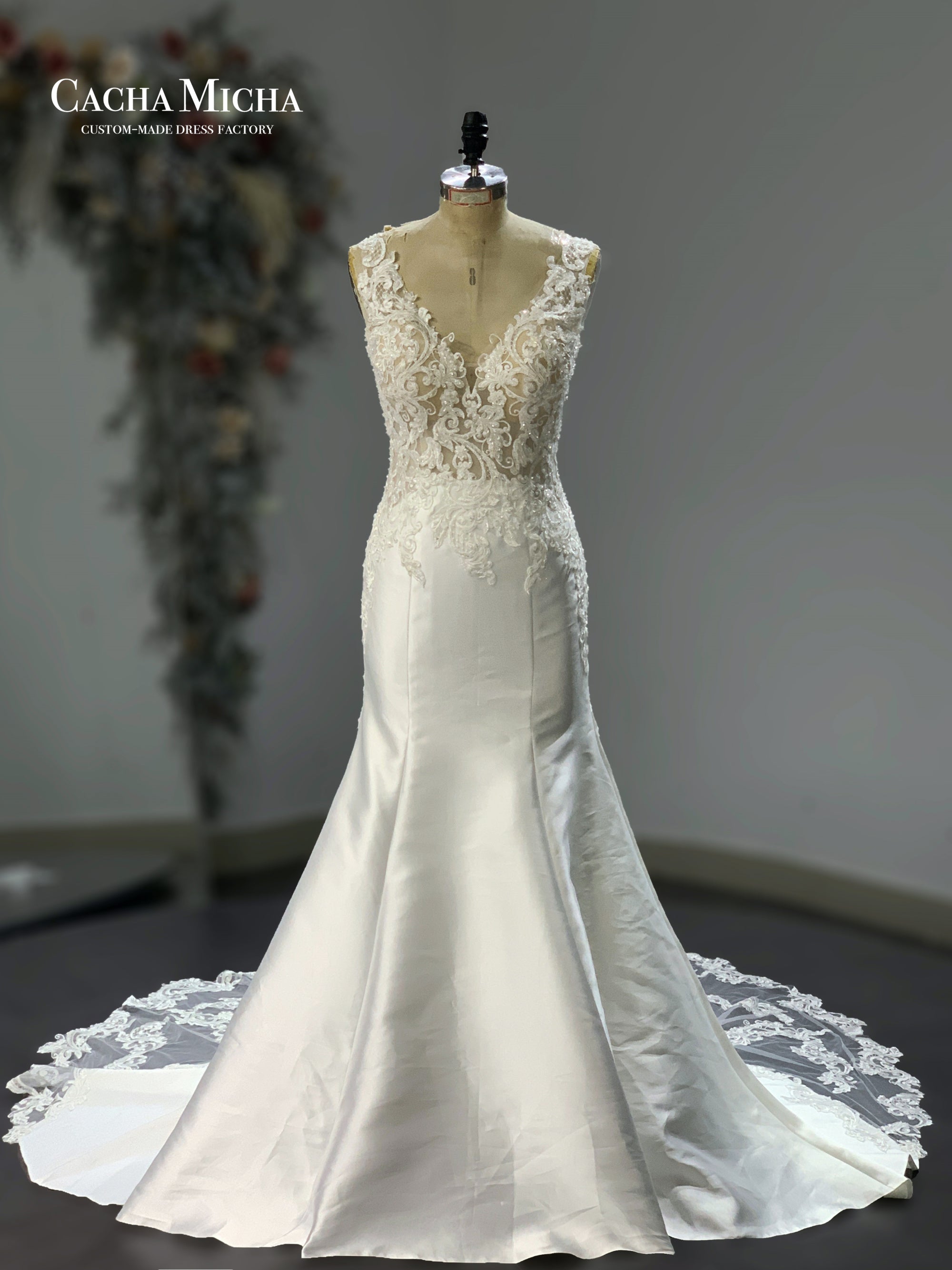 floral train lace mikado mermaid wedding dress 211237