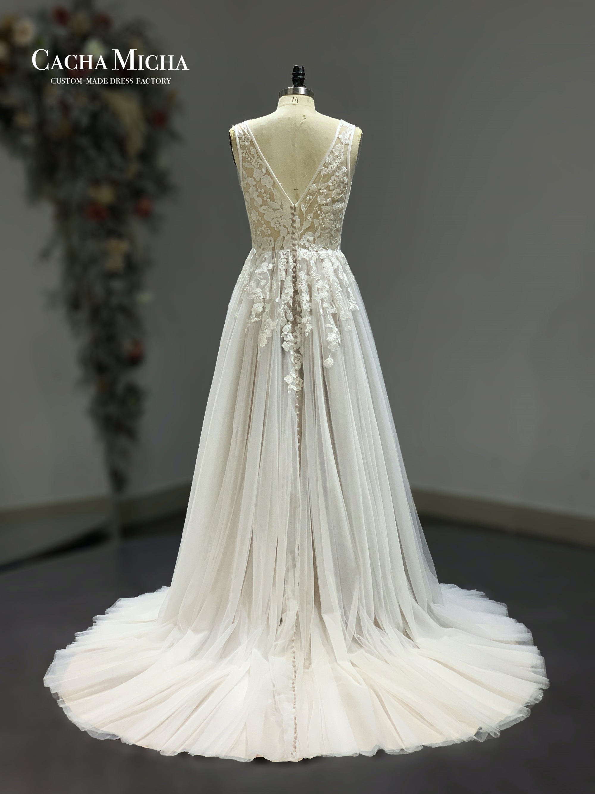 V neck lace champagne a line wedding dress 211243