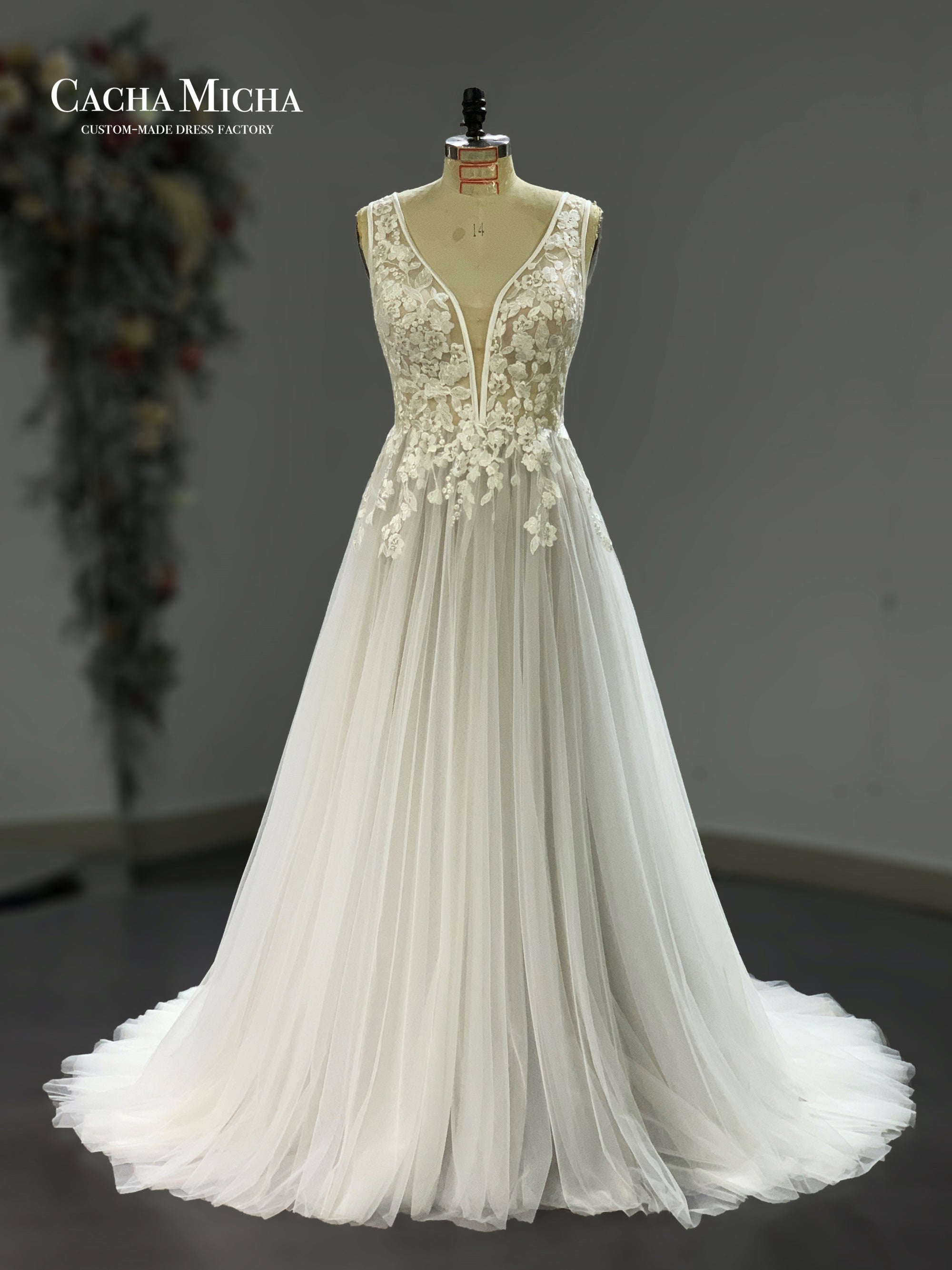 V neck lace champagne a line wedding dress 211243