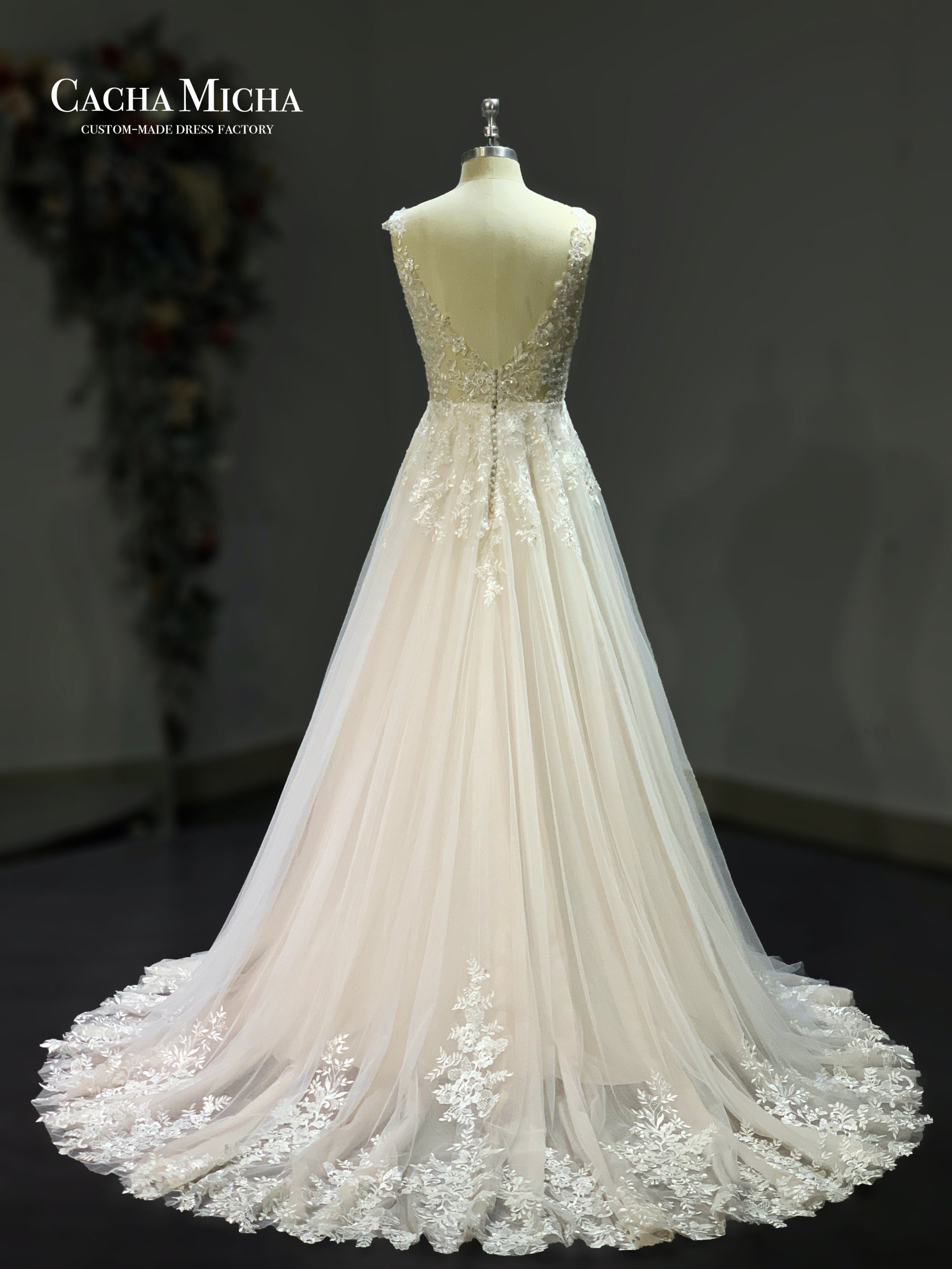 low back embroidered lace blush bridal dress 211246