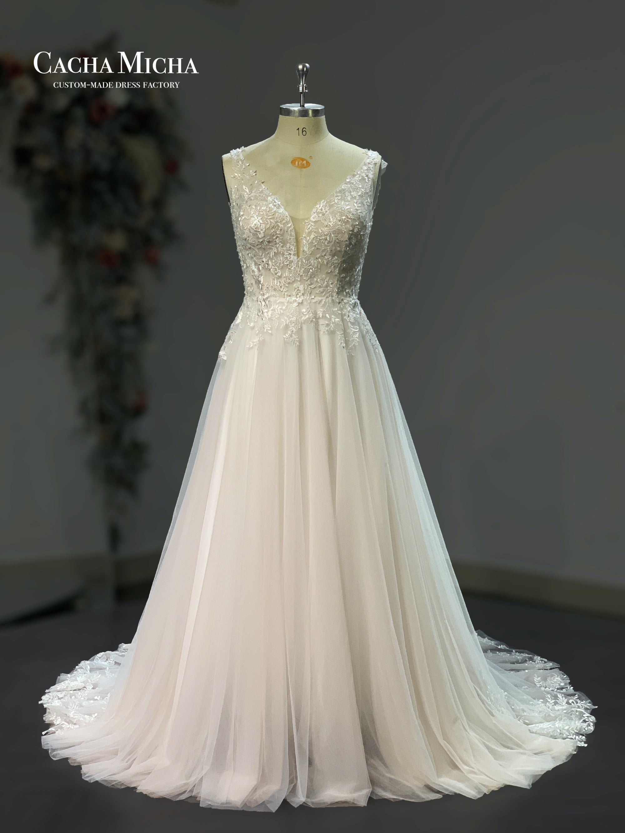 low back embroidered lace blush bridal dress 211246