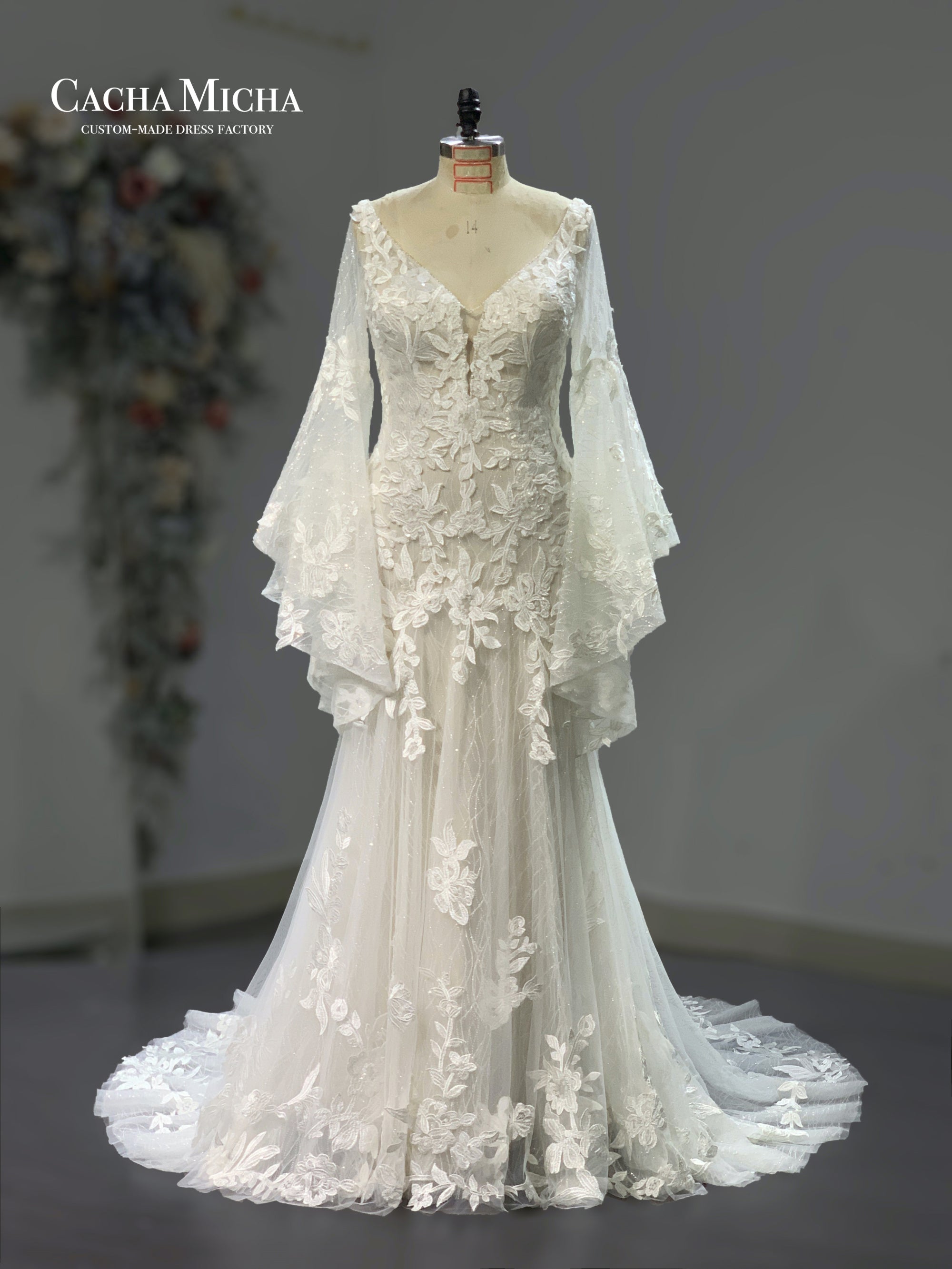 glitter fabric bell sleeves mermaid wedding gown 211248