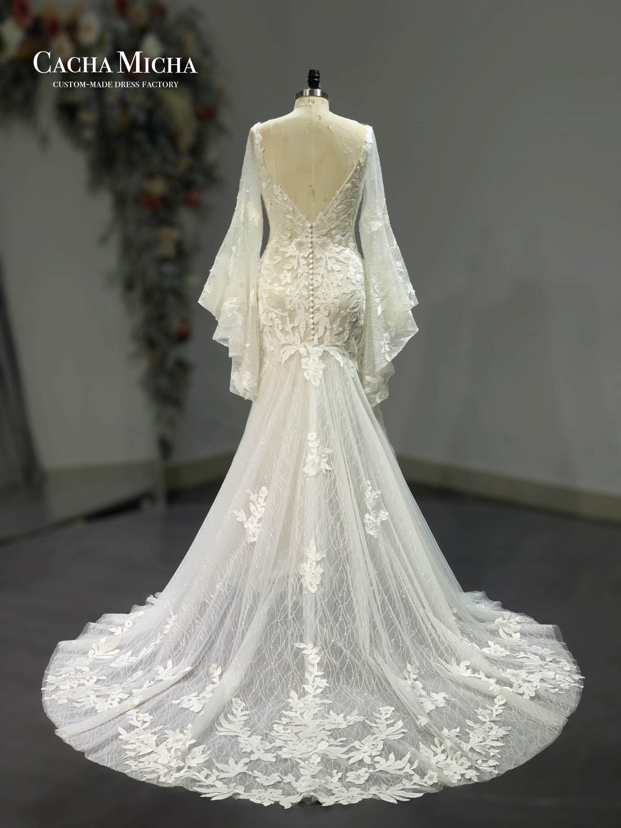 glitter fabric bell sleeves mermaid wedding gown 211248