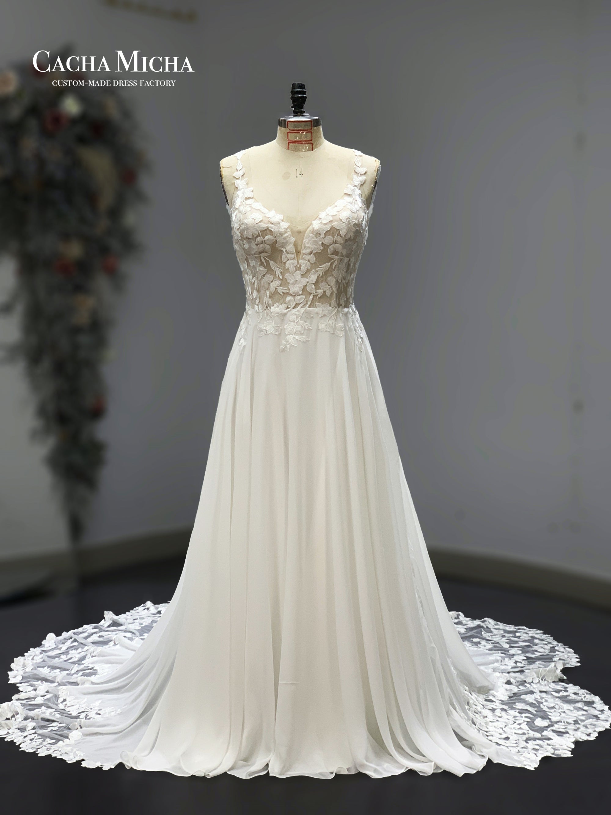 lace top flowy chiffon floral train bridal gown 211254