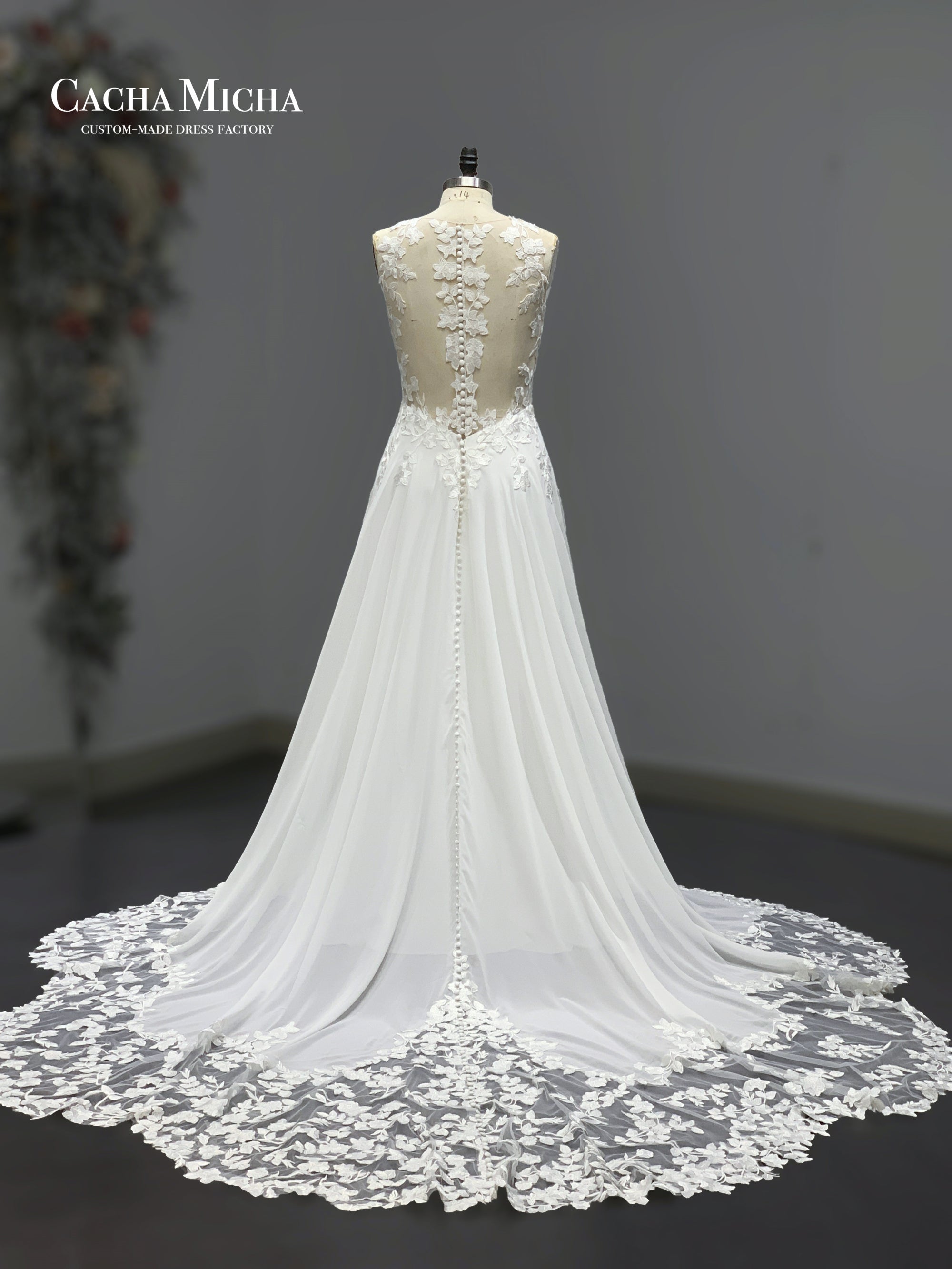 lace top flowy chiffon floral train bridal gown 211254