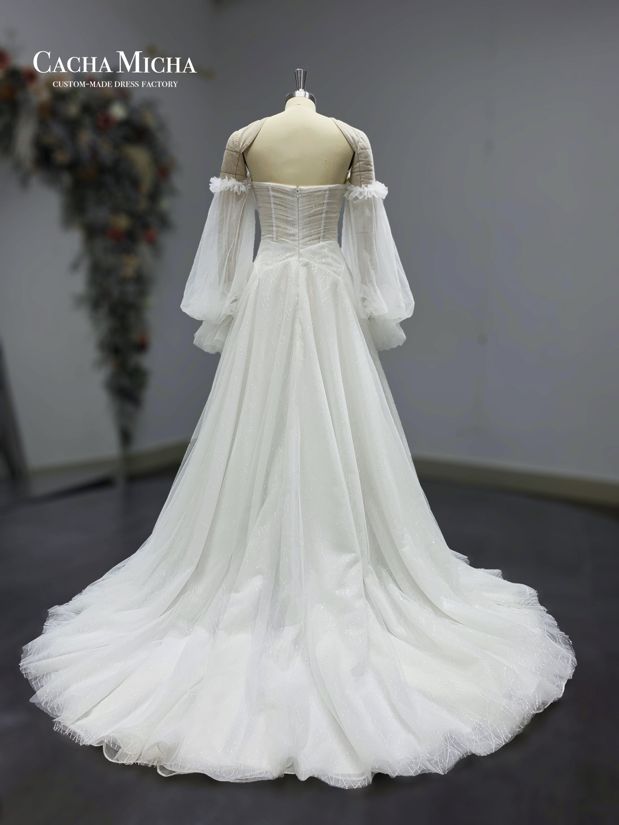 puffy sleeves pleated glitter tulle bridal dress 211255