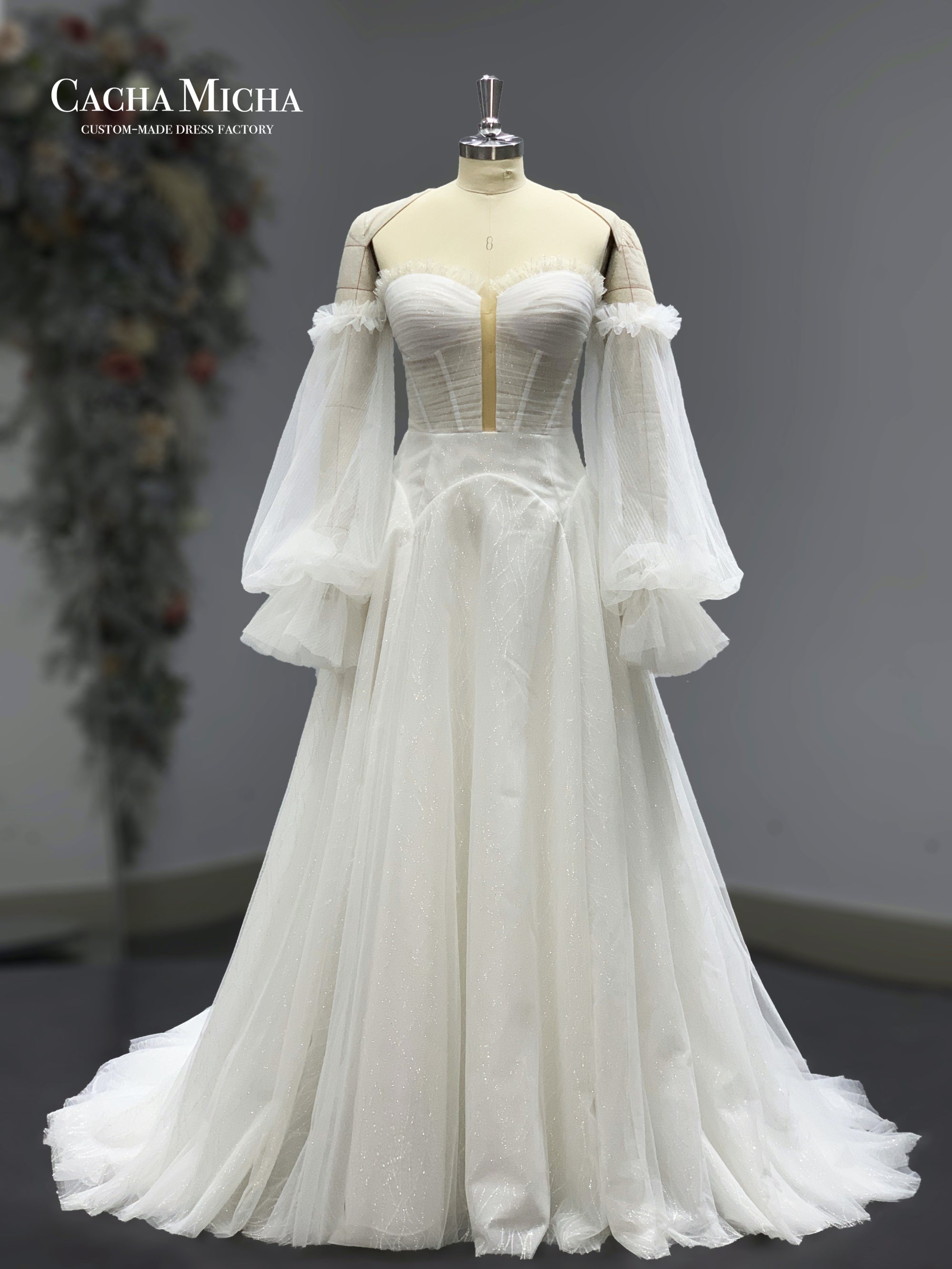 puffy sleeves pleated glitter tulle bridal dress 211255