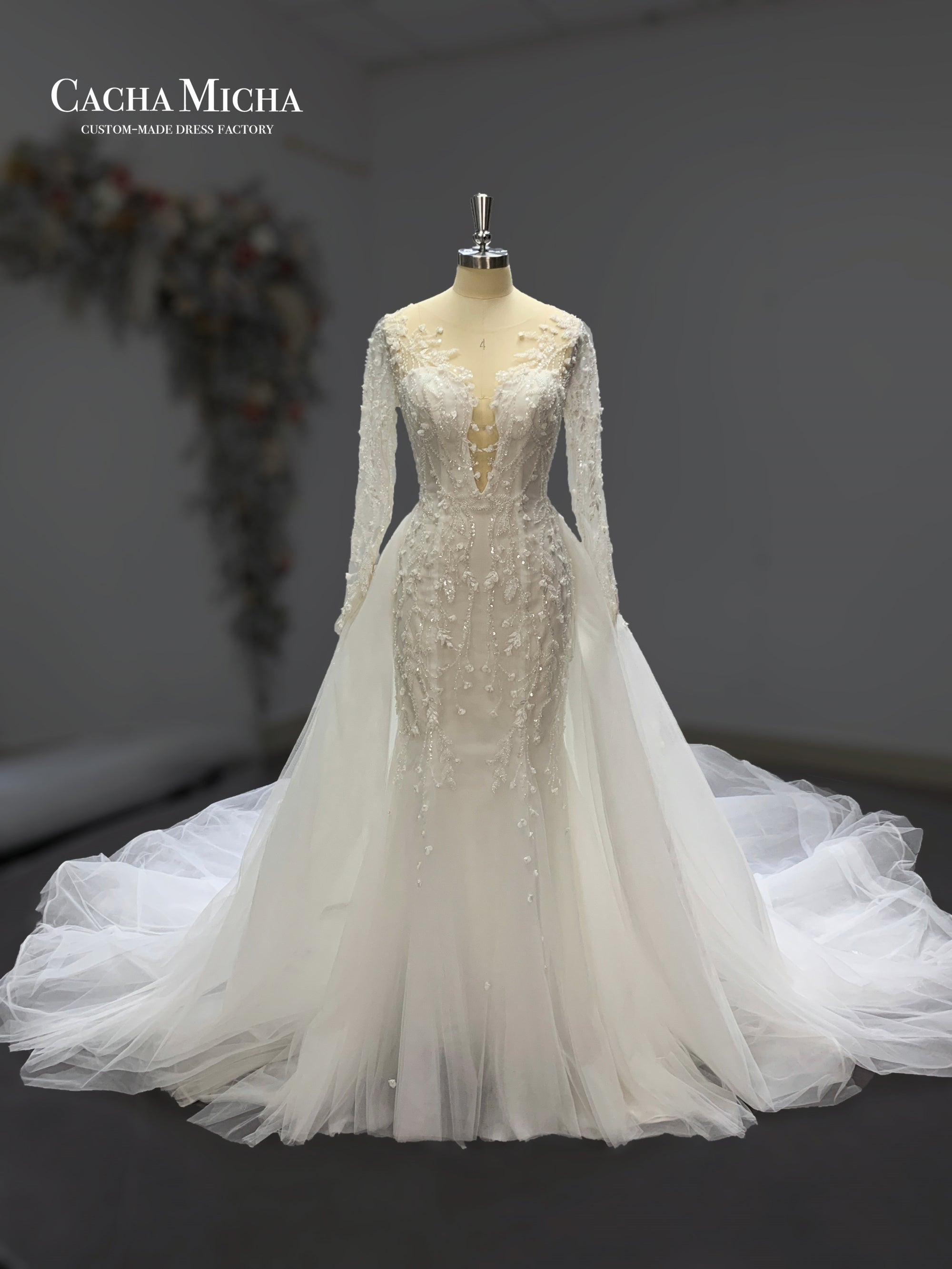 detachable long train heavy beaded mermaid bridal dress 211256