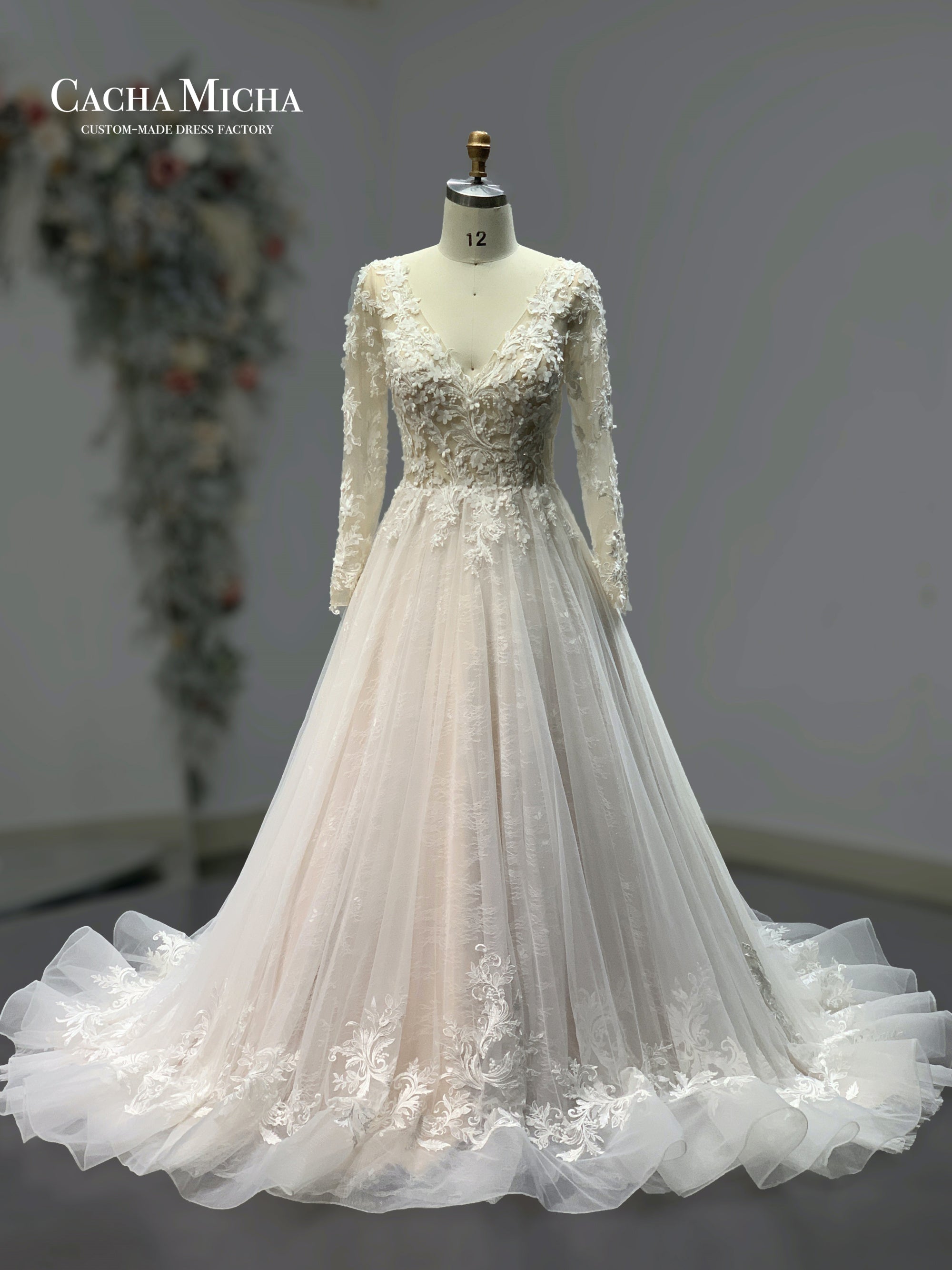 3D flower lace long sleeves blush wedding dress 211260