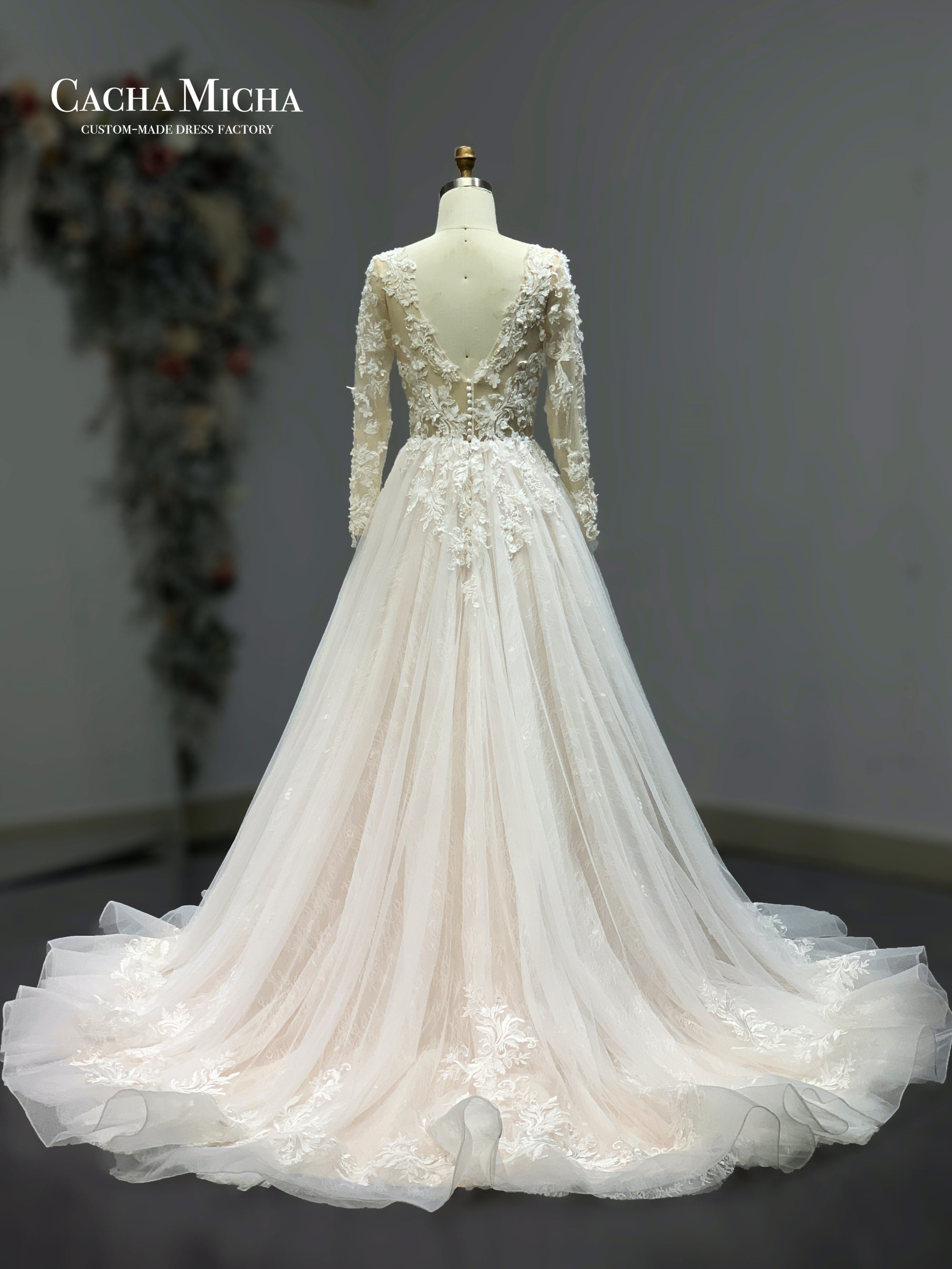 3D flower lace long sleeves blush wedding dress 211260