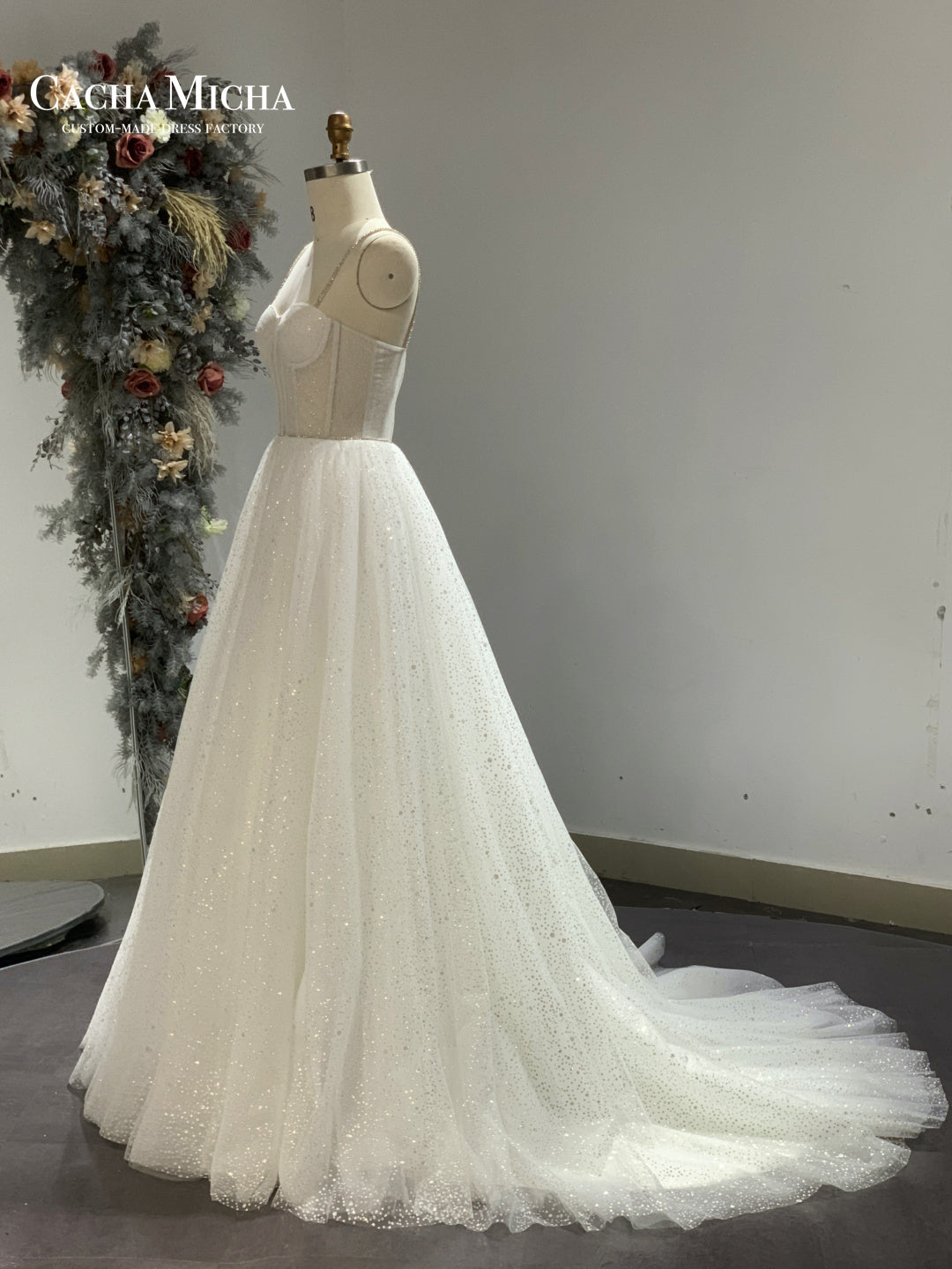 Illusion Top Crystal Spaghetti Straps Shinny Glitter Bridal Dress R2883