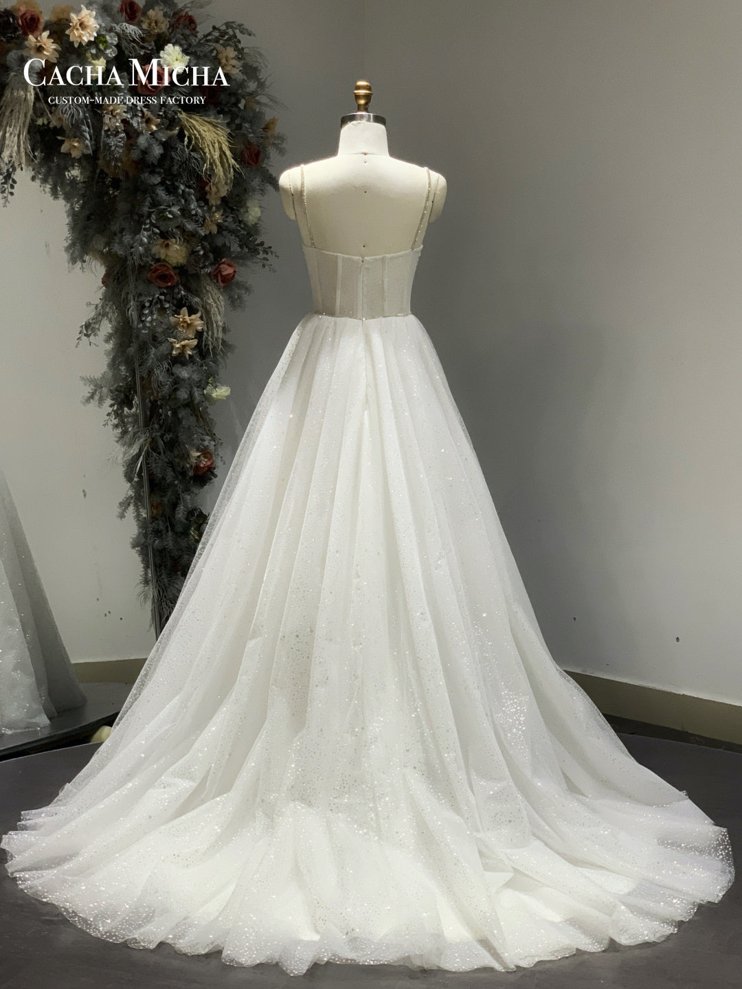 Illusion Top Crystal Spaghetti Straps Shinny Glitter Bridal Dress R2883