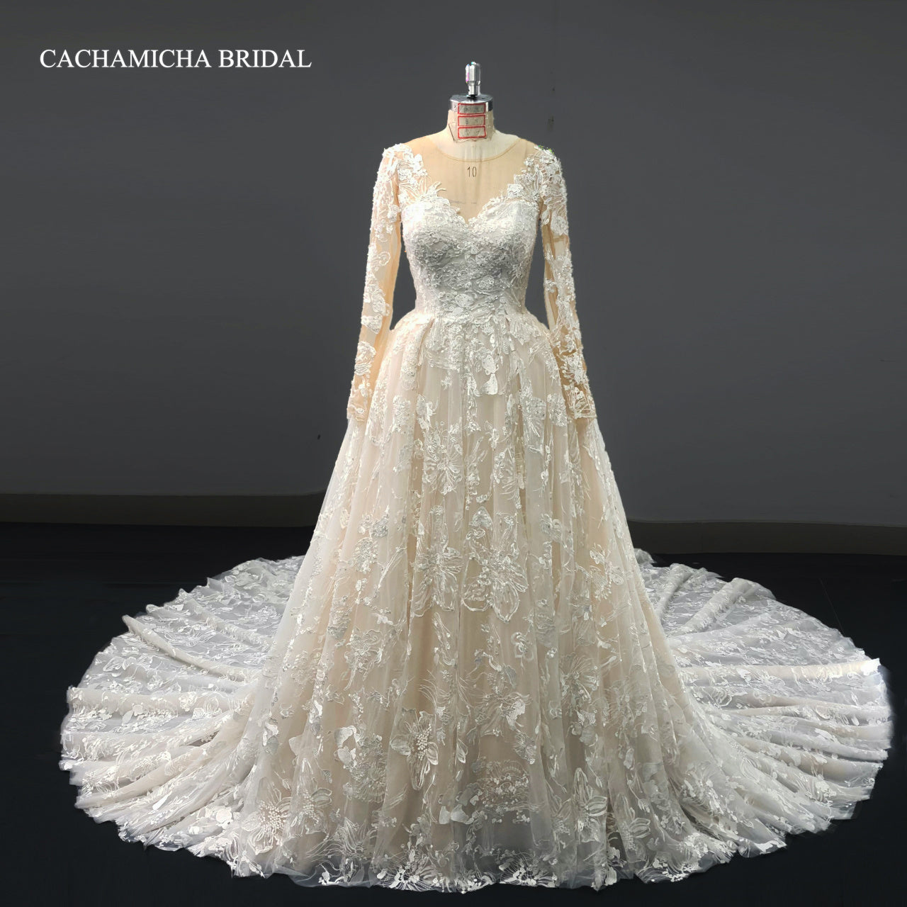 long sleeves lace long train wedding gown 1056