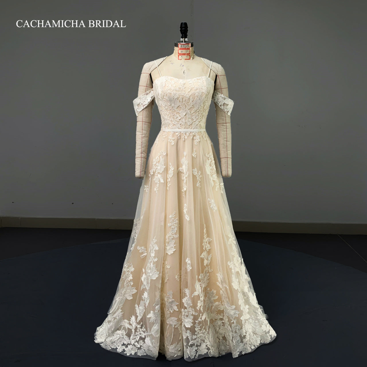 Off Shoulder Straps Ivory Lace Champagne Bridal Gown 2119