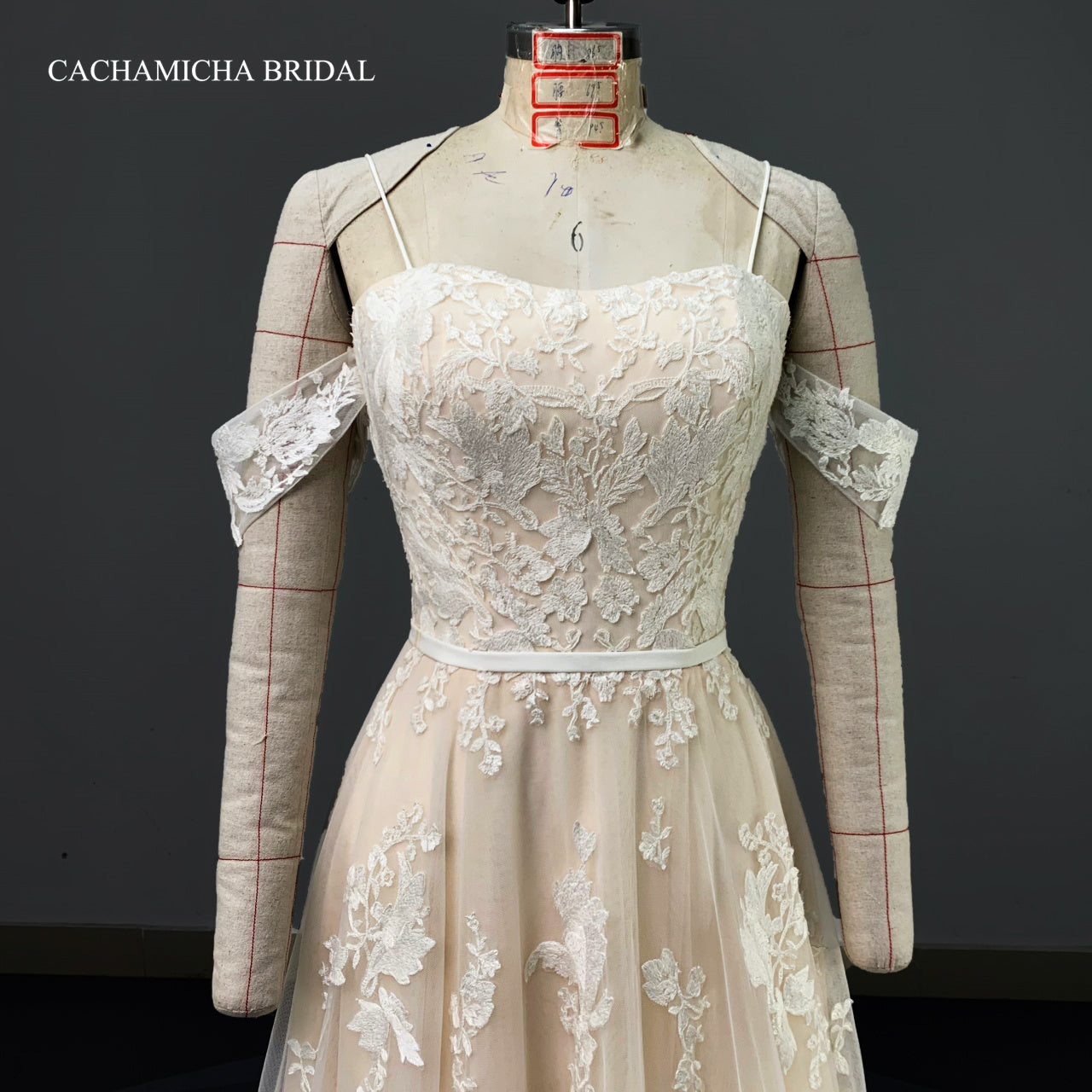Off Shoulder Straps Ivory Lace Champagne Bridal Gown 2119