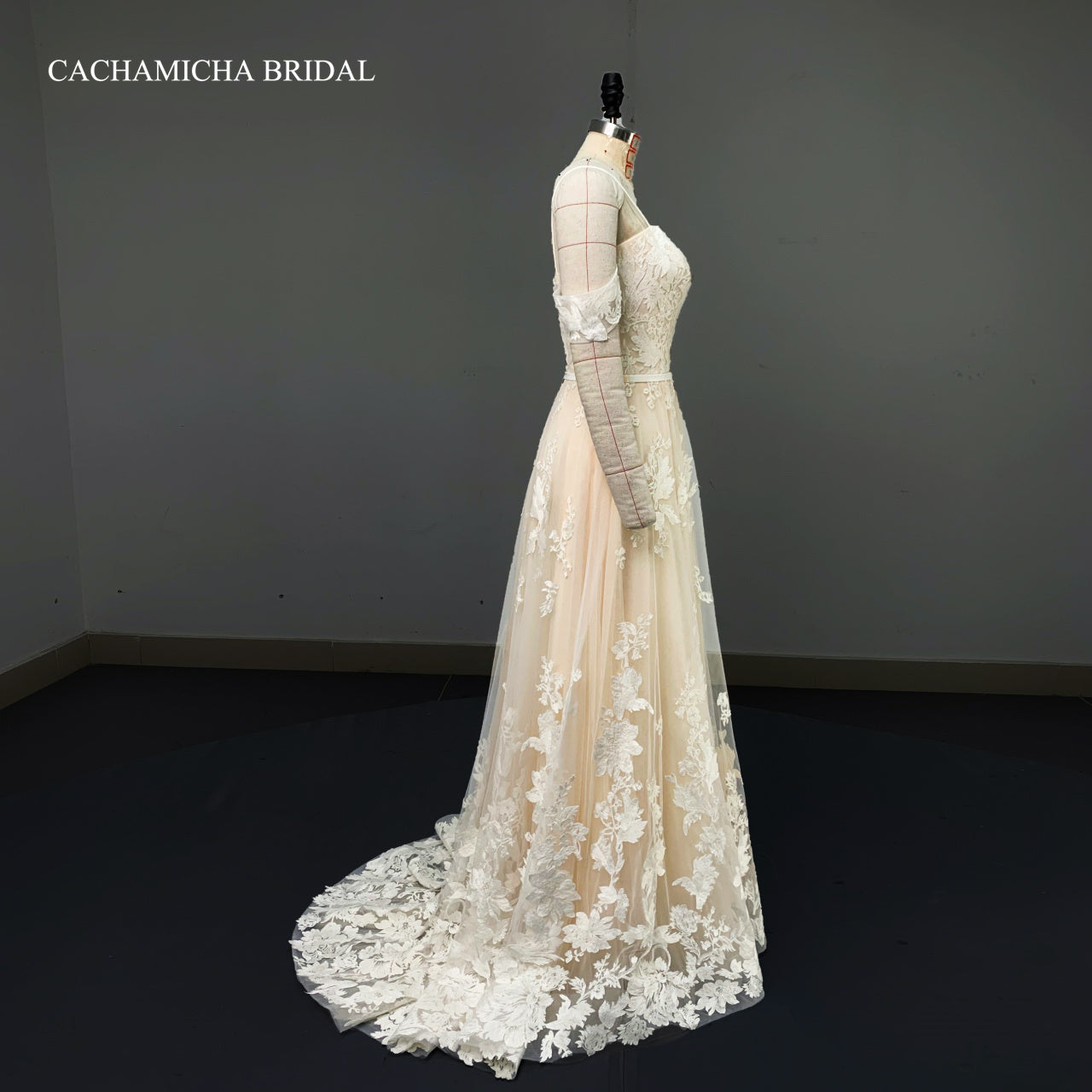 Off Shoulder Straps Ivory Lace Champagne Bridal Gown 2119