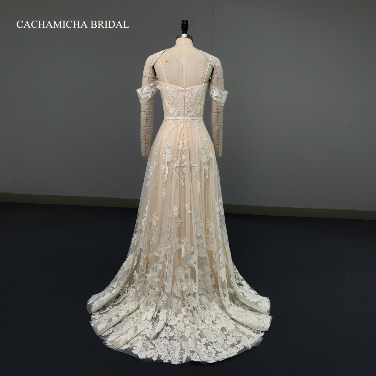 Off Shoulder Straps Ivory Lace Champagne Bridal Gown 2119