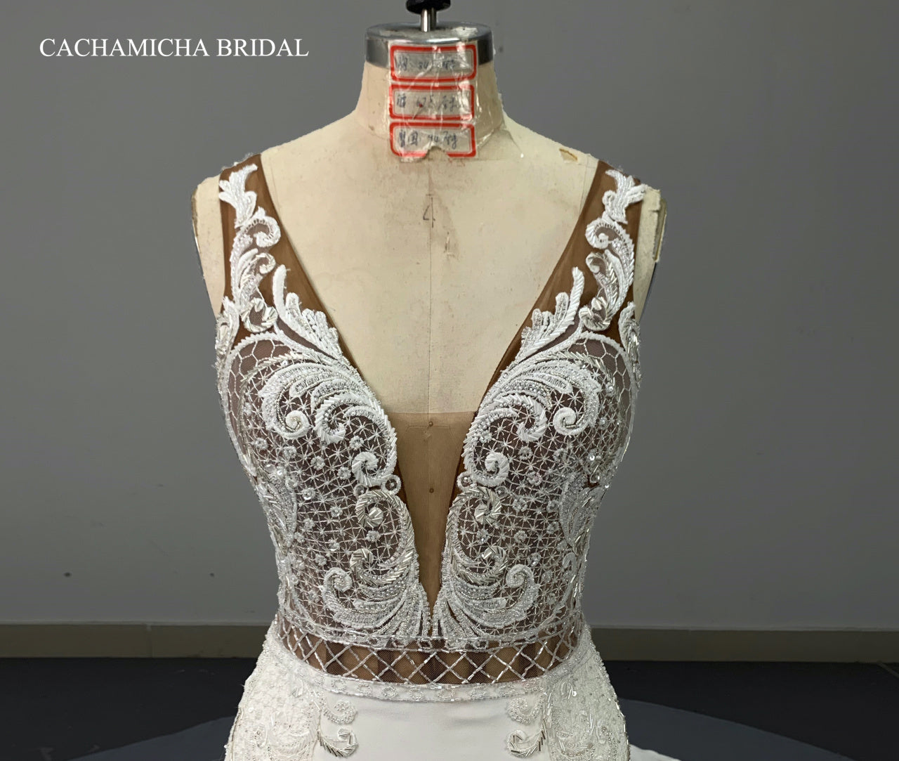 Heavy Beaded Lace Low Back Crepe Bridal Dress C388