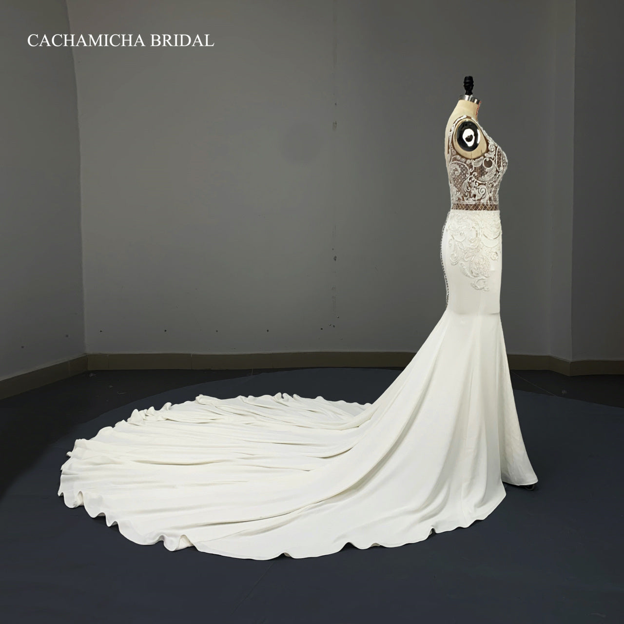 Heavy Beaded Lace Low Back Crepe Bridal Dress C388