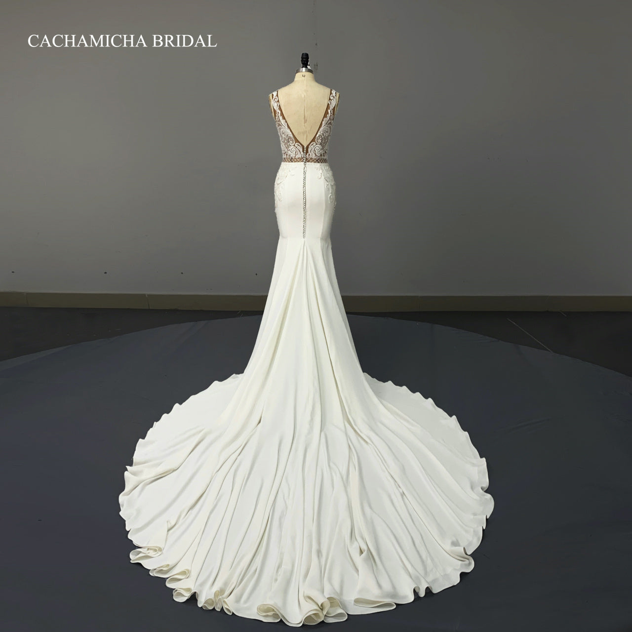 Heavy Beaded Lace Low Back Crepe Bridal Dress C388